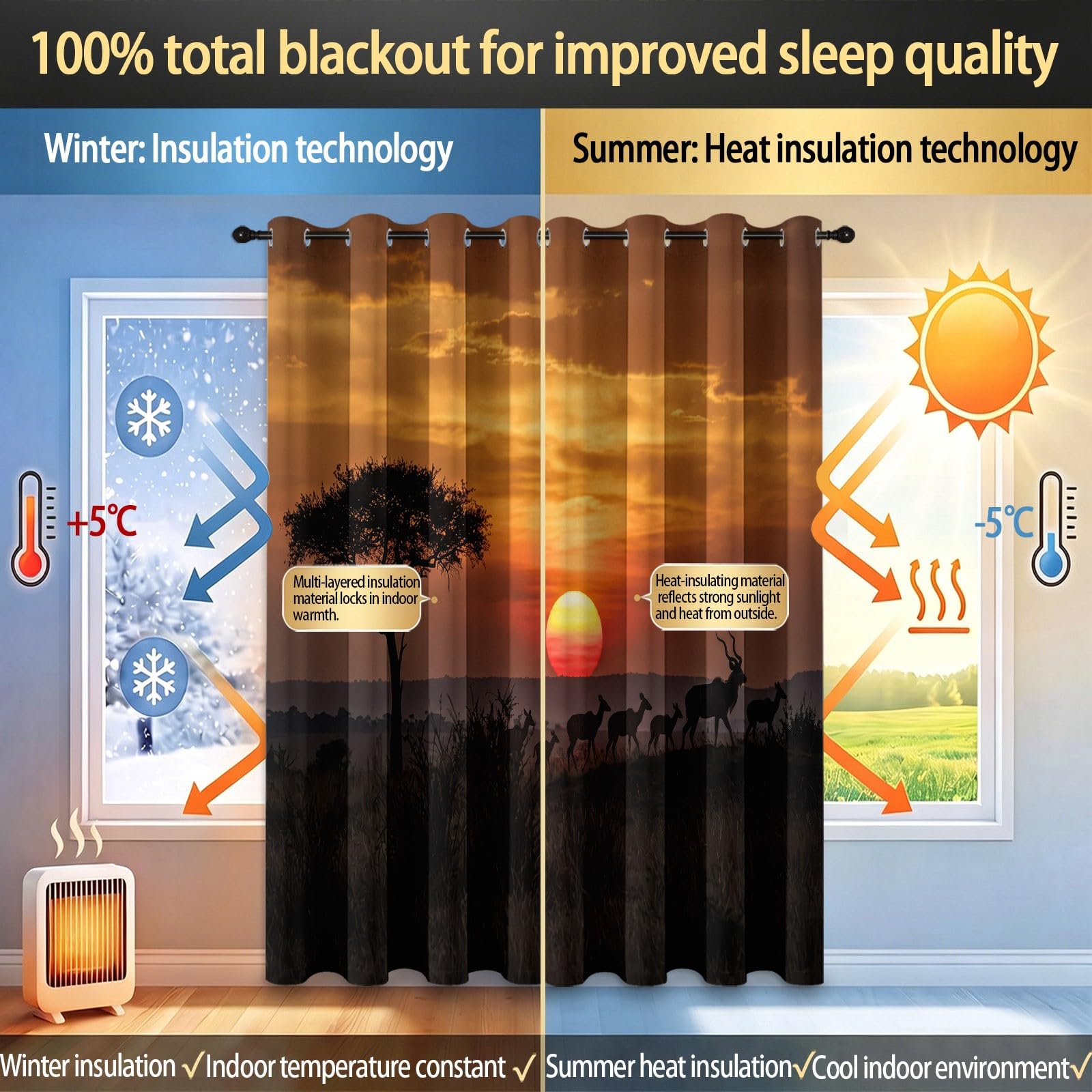 Naturlandschaft Verdunkelungsvorhänge, H245 x B100 cm Grasland Bäume Sonnenuntergang Wildtiere Antilopen Wolken Vorhänge Ösen 2er Set Schlafzimmer, Gelb Raumverdunkelung Fenstervorhänge für Wohnzimmer