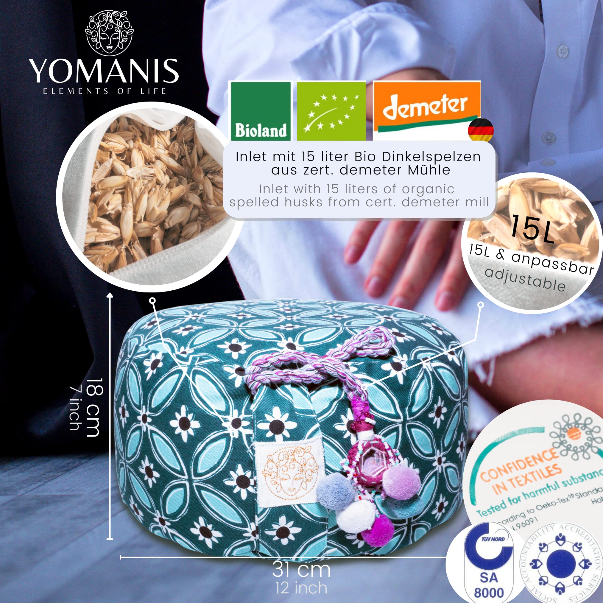 Cuscino da meditazione Zafu 31 cm rotondo 18 cm altezza seduta sociale & equo cotone biologico certificato Öko Tex Bioland farro spelz Demeter Mühle Yoga cuscino da viaggio con bastone