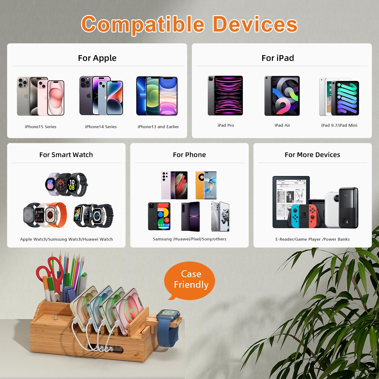 Station de charge en bambou pour plusieurs appareils avec chargeur USB 5 ports, 6 câbles de charge et support de montre intelligente. Station d'accueil de bureau en bois pour téléphone portable,