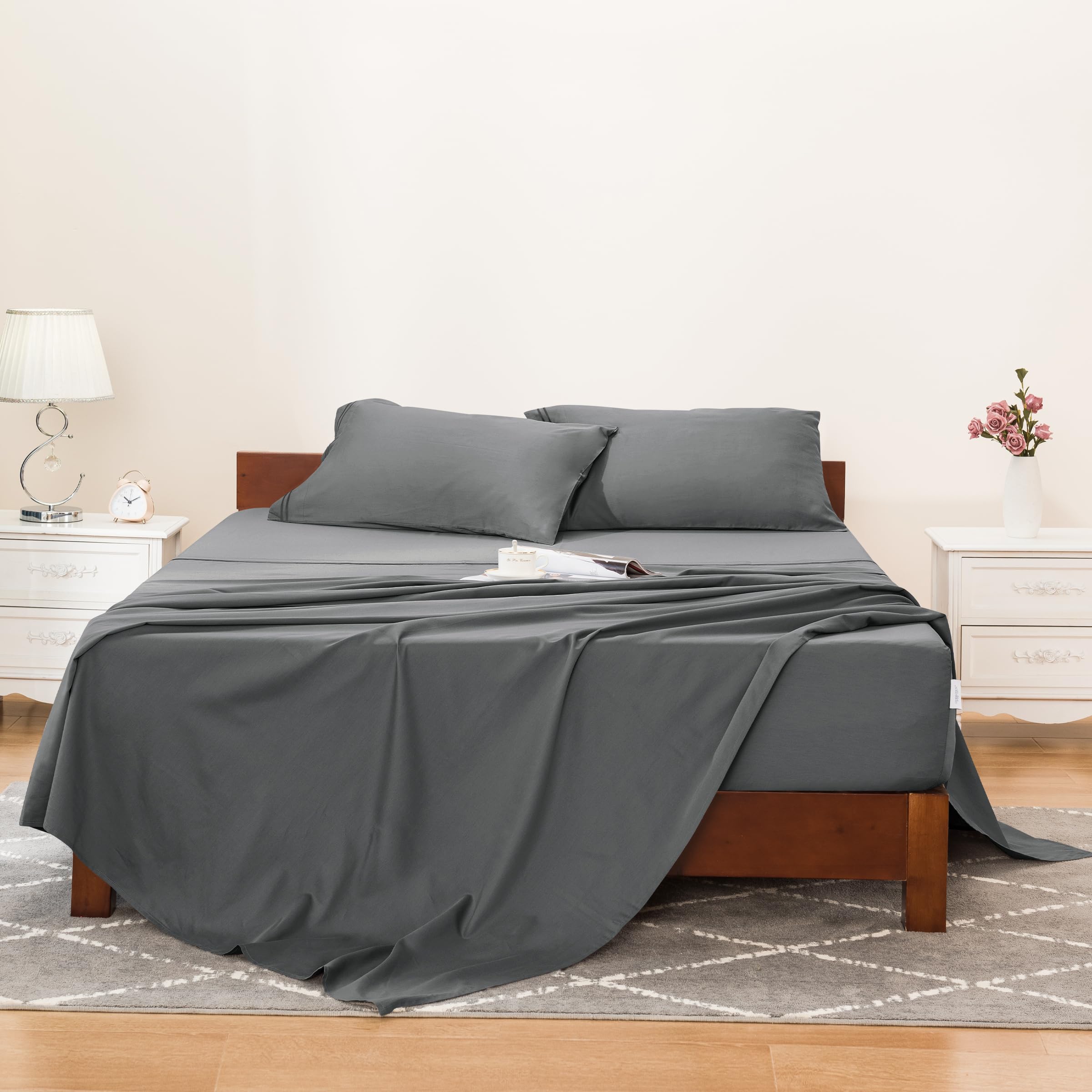 SUBRTEX King Tencel Sheet Set, 4 PC Cotton Tencel Lyocell Bed Sheets for King Size Bed, Silky Soft Bedding Sheets & Pillowcases Set, 16" Deep Pocket, Breathable & Cooling Sheets (King, Grey)