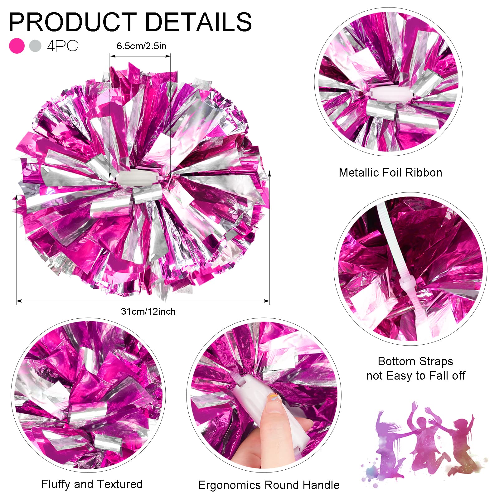 4Pcs Upgraded 12inch Metallic Cheerleading Pom Poms, HOLENGS Cheerleader Pompoms Cheer Poms for Kids Adults, Cheering Squad Pompoms for School Sports Games Dance Party (Rose and Silver)
