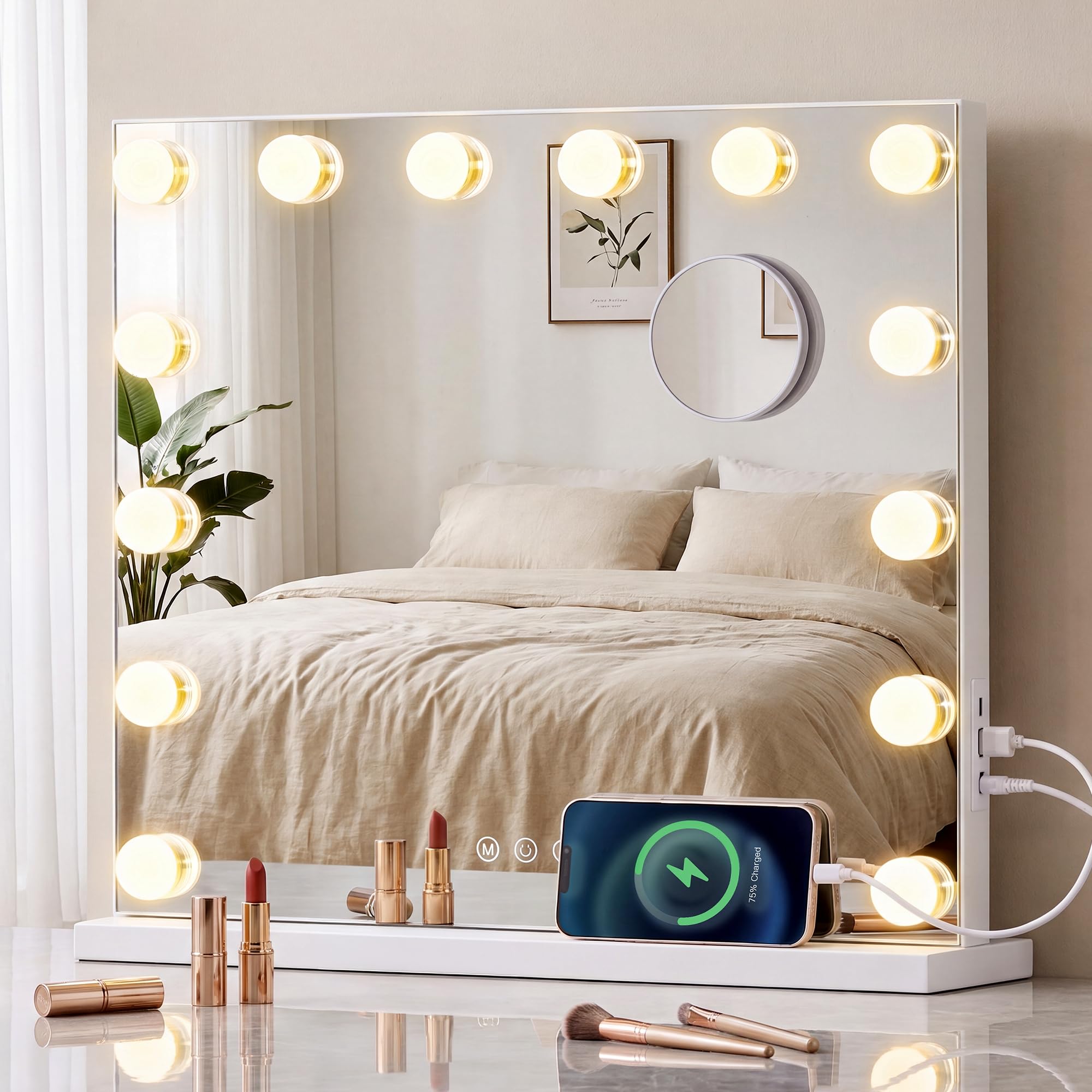 SONGMICS Vanity Mirror with Lights, Makeup Mirror with 14 LEDs, 3 Colour Modes, Dimmable, 10x Magnifying, USB Port, 44 x 50 x 5.7 cm, for Dressing Table, Matte White, Berit Collection LWM227WC03