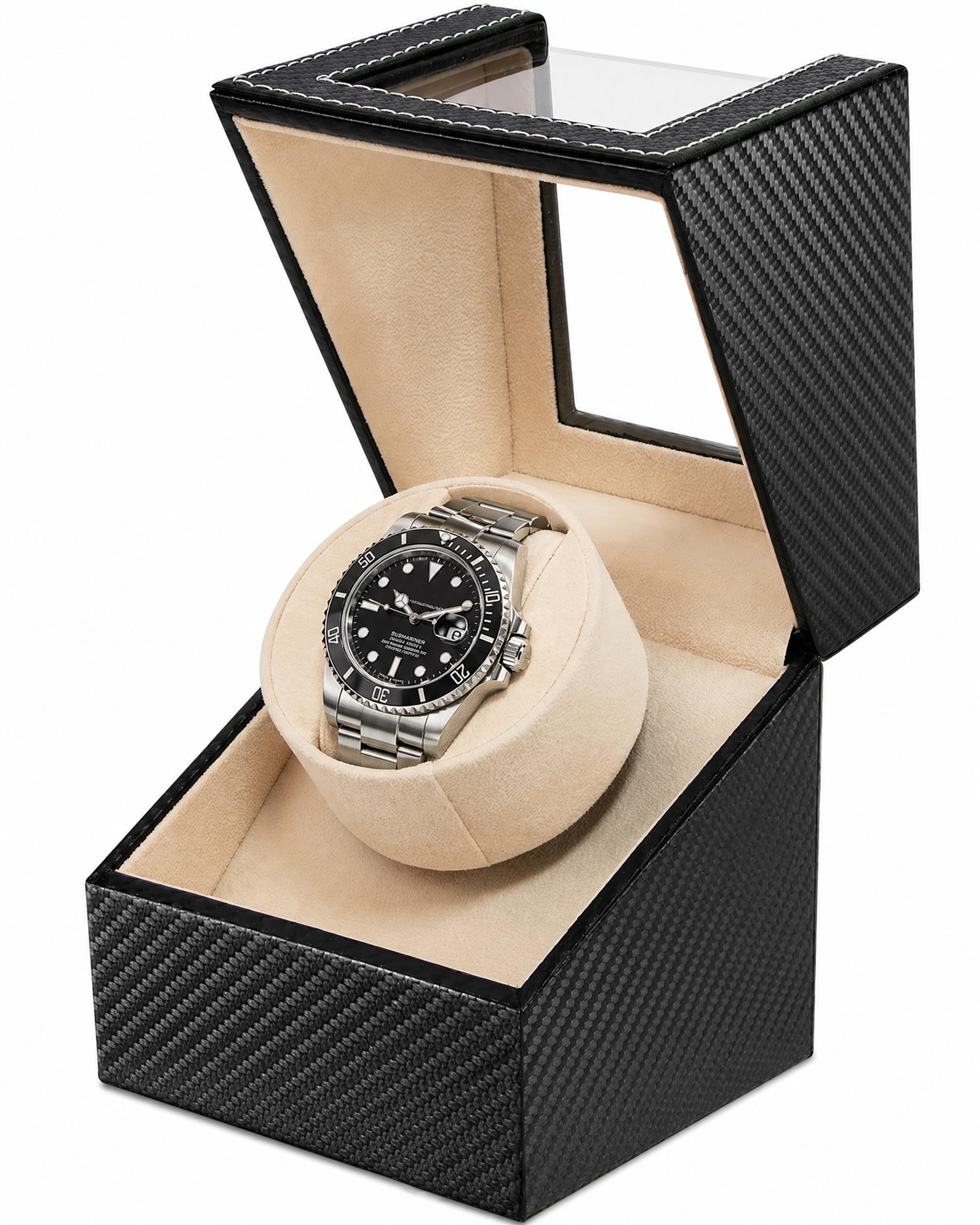 Automatic Single Watch Winder for Rolex and Other Luxury Watches - Premium Black Carbon Fiber Leather, Japanese Quiet Motor, Battery Powered or USB Powered, Gift for Men &amp; Women