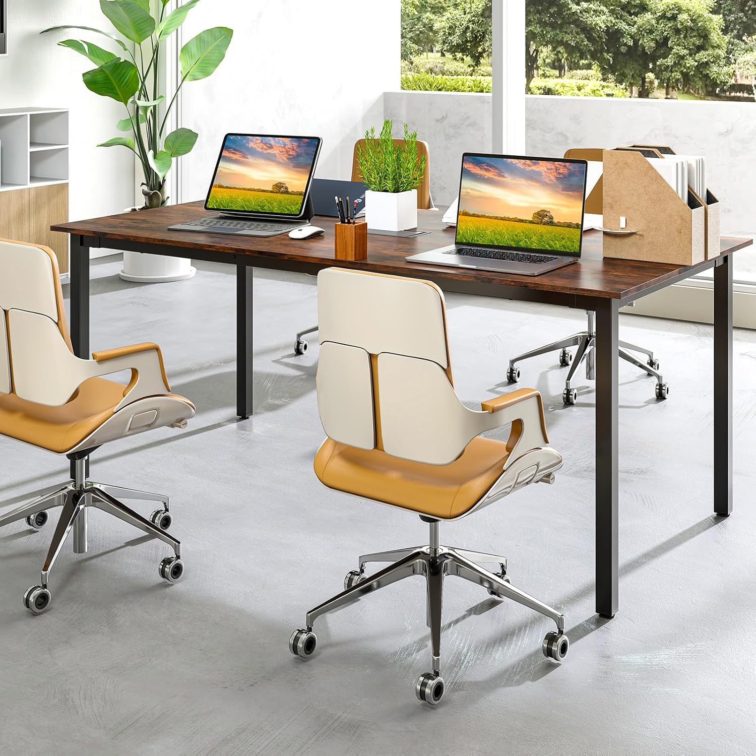 GOFLAME 6 FT Conference Table Set of 2, 71" L x 35.5" W Large Office Table w/Cable Grommet, Sturdy Metal Legs, Extra Long Computer Desk for Boardroom, Meeting Room, Rustic Brown, for 8-10 People