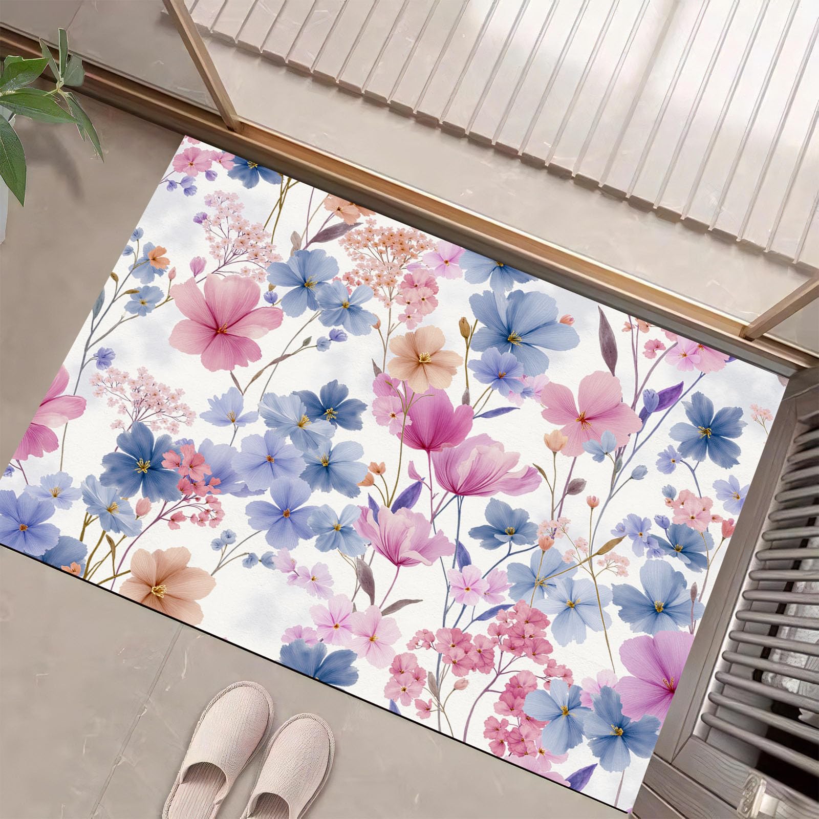 Paillasson fleurs bleues idéal pour couloir et cuisine