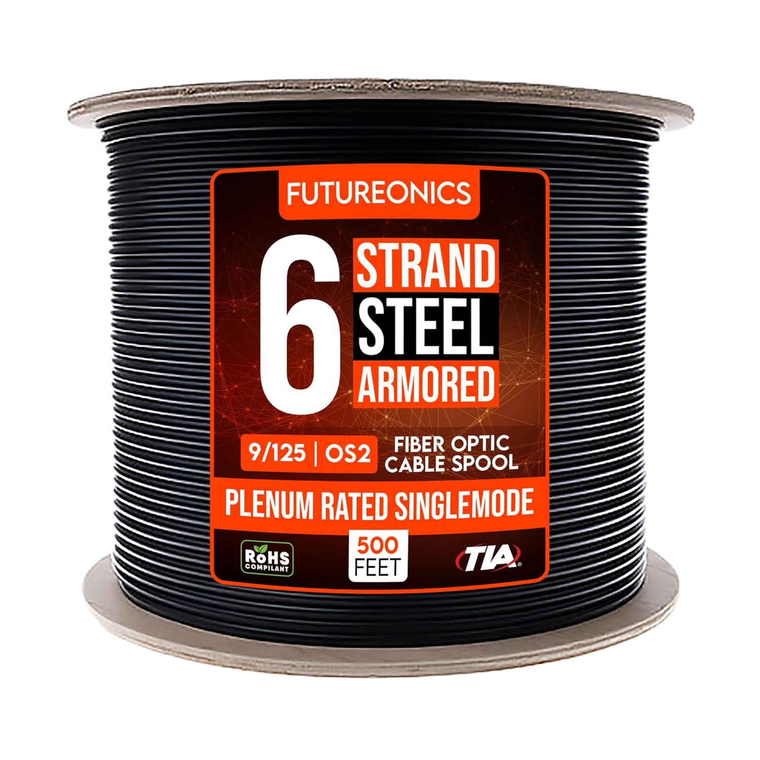 Armored Plenum 6 Strand Indoor/Outdoor Fiber Optic Distribution Cable, OS2 9/125 Singlemode, Corning Optical Fiber, Black, Spool, 500 Feet