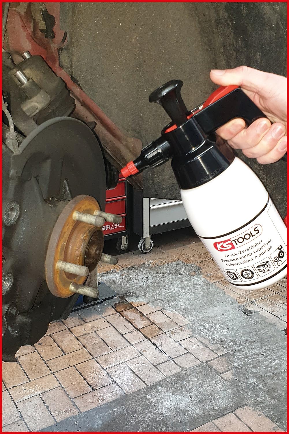KS Tools 150.8258 Botella de pulverización con bomba para productos limpiadores de frenos, 1 l