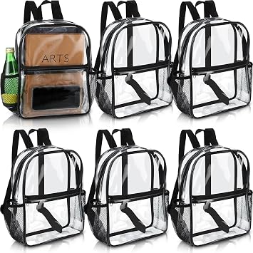 Sweetude 6 Pcs Clear Backpack for Stadium Events Bulk 11.5x9.5x5.5 Inch Small Transparent Bag with Front Pocket for Concert Travel Black