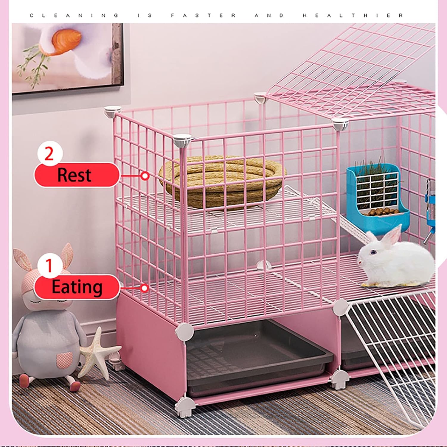 Cozy Pet Cage Black Abs Tray Puppy Crate Cat Indoor Pet Cage Playpen with Base,Sliding Door with Latch,Hooks for Easy Assembly,White-72x37x54CM