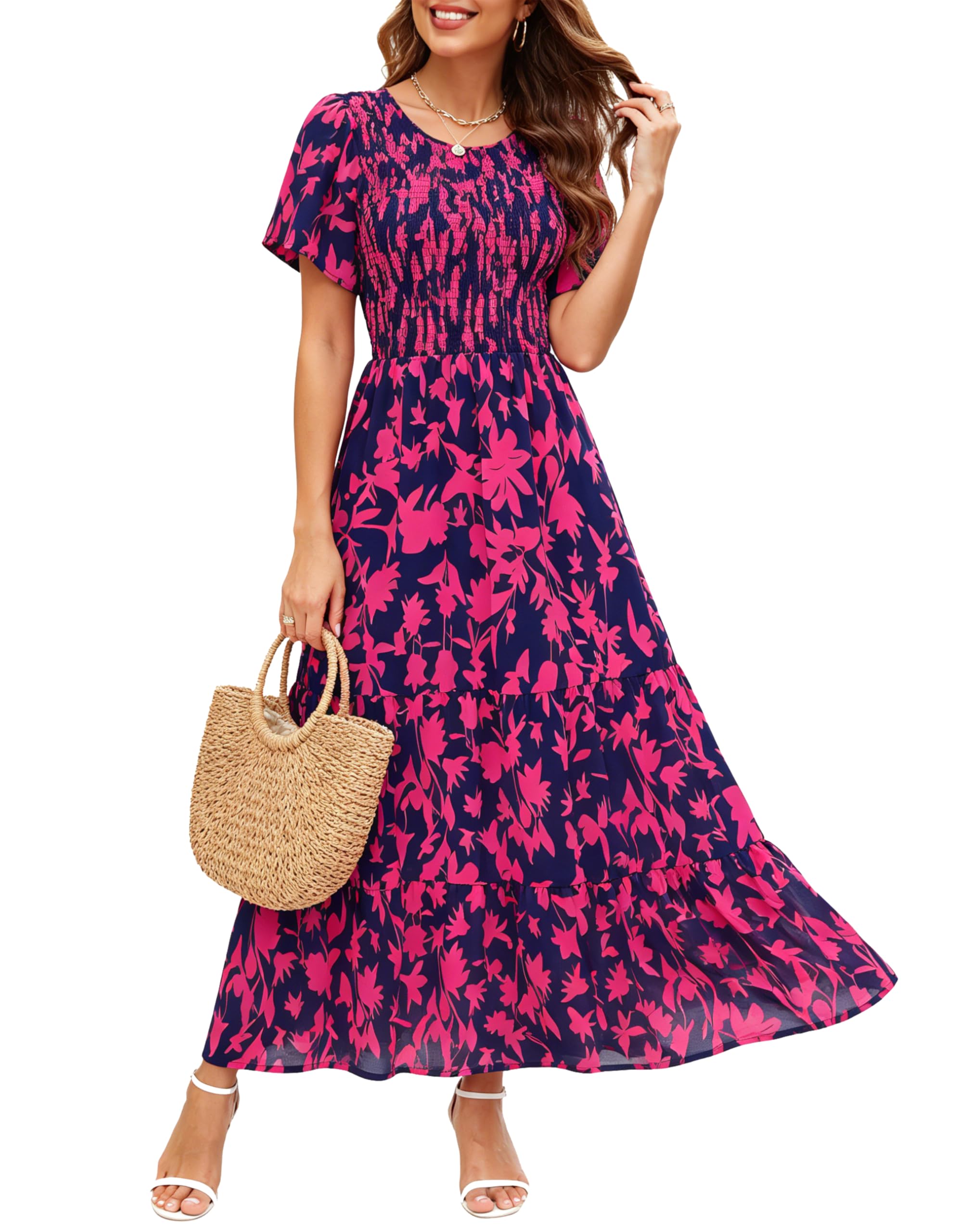 Kranda Women 2025 Summer Fall Crewneck Short Sleeve Smocked Floral Maxi Dress
