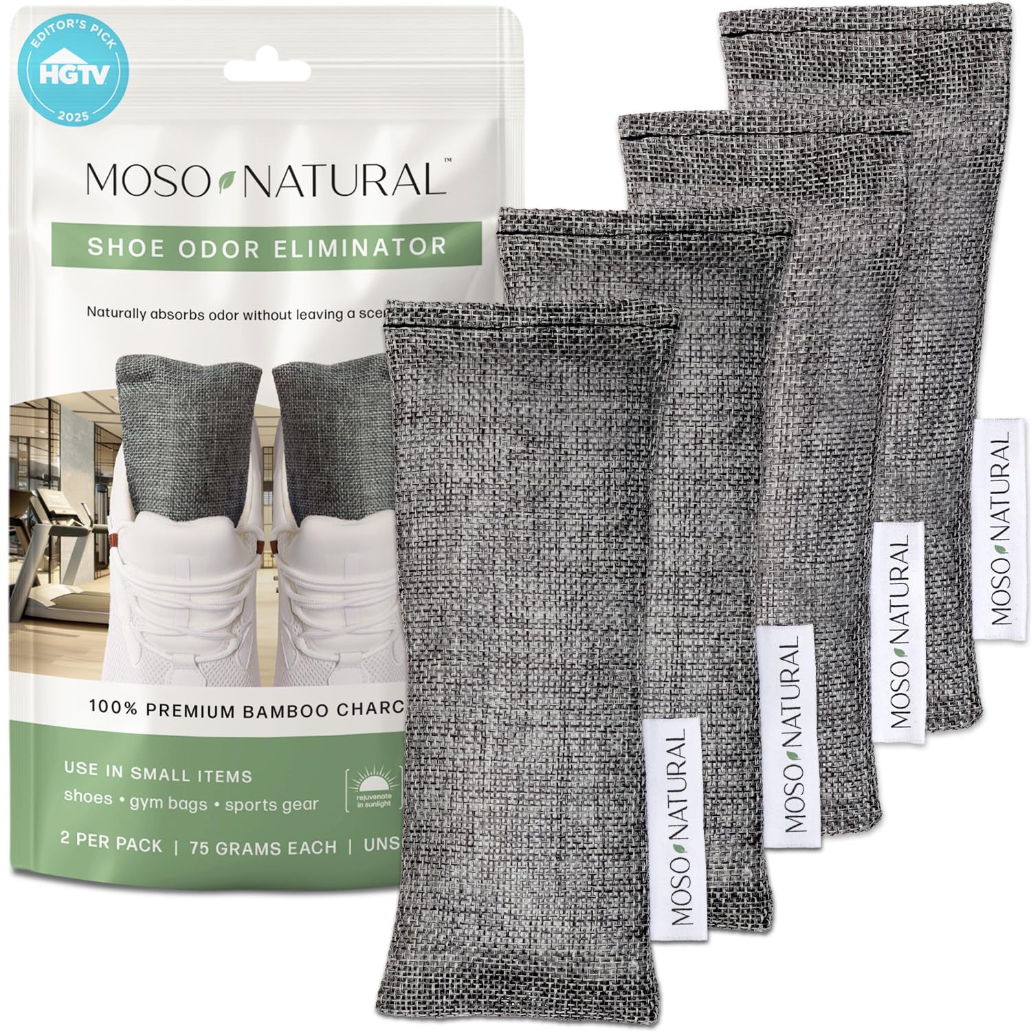 Moso Natural Shoe Deodorizer Inserts, Charcoal Odor Absorber for Shoes, Gym Bag & Boot Deodorizer, Long-Lasting Shoe Odor Elimination, Unscented Air Purifying Bags (Two Per Pack. 4 Total)