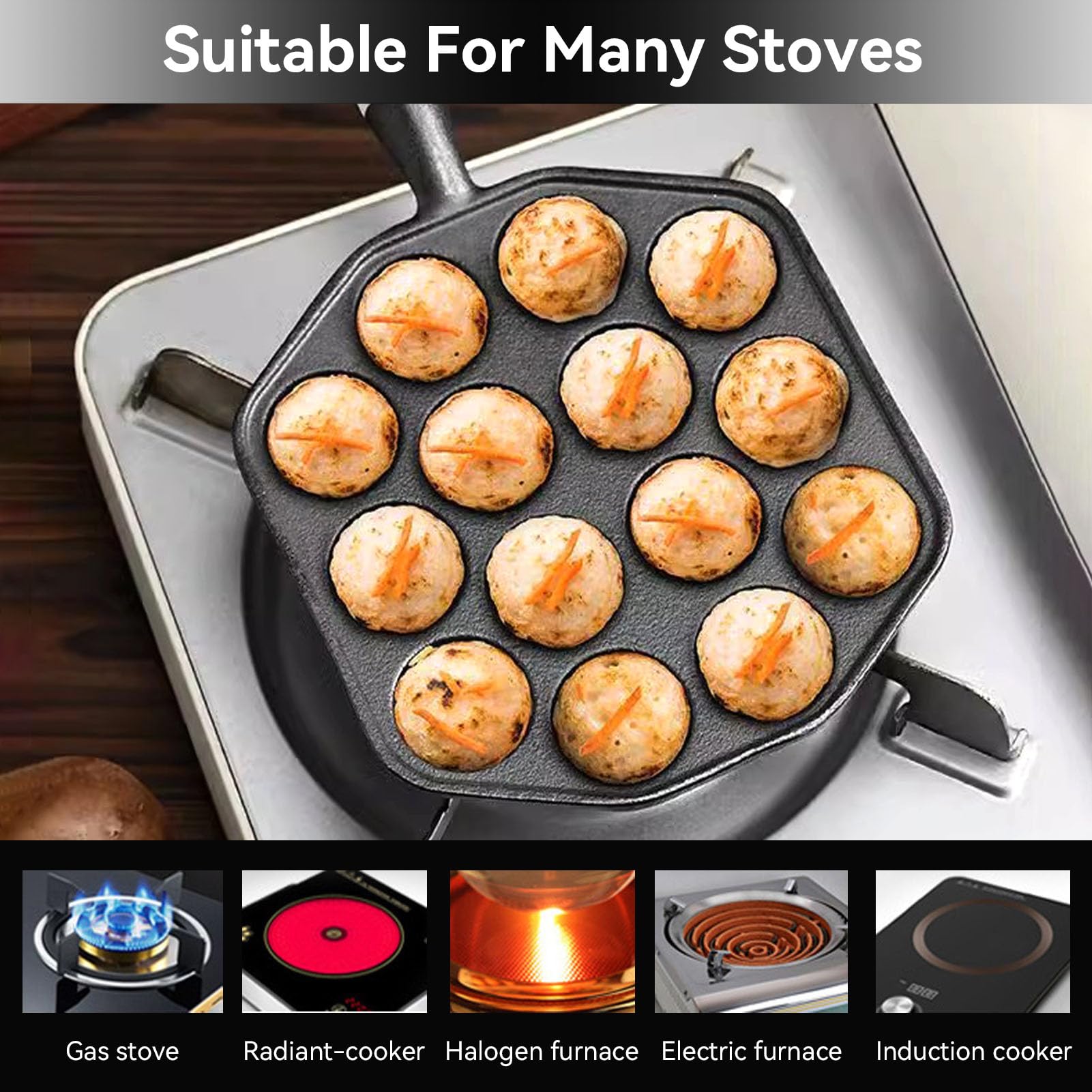Takoyaki Maker 14 Fori Grill Pan Aebleskiver Padella Antiaderente Manico Legno