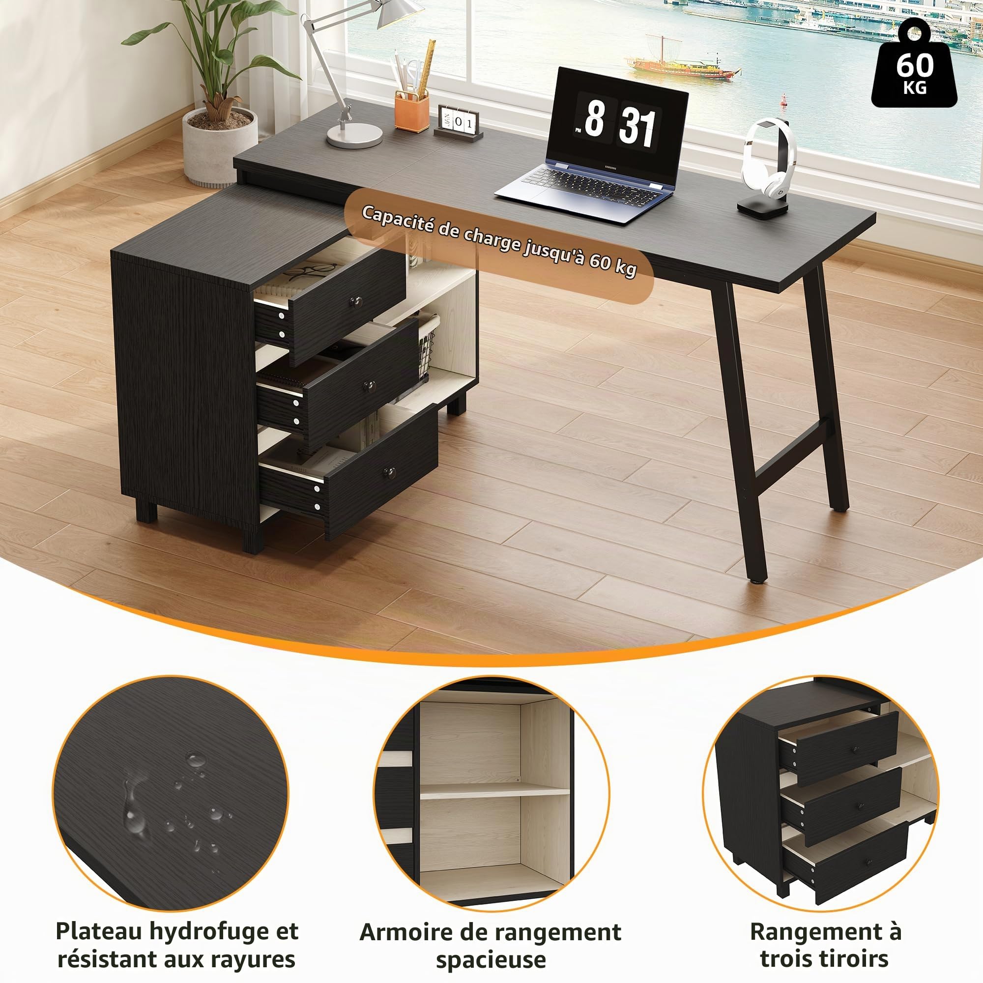 Merax Bureau d’Angle 150 x 100 cm avec 3 Tiroirs et Étagères Ouvertes, Grand Bureau Informatique en L avec Structure Métal, Table de Bureau Moderne pour Télétravail, Étude et Gaming, Noir et Blanc