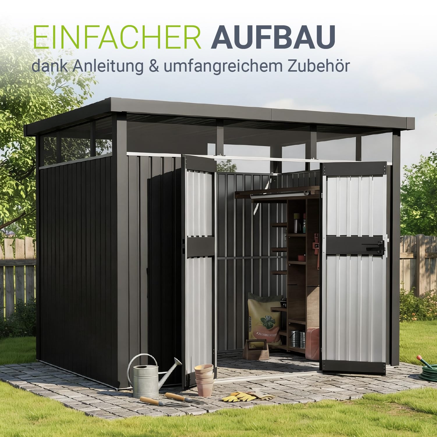 Juskys® Gerätehaus Luzern L - 7,8 m² - Metall Geräteschuppen mit Türen & Fenstern - wetterfest & abschließbar - Fahrradgarage, Gartenhaus - Anthrazit
