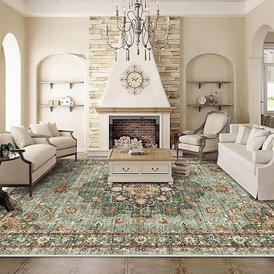 Washable Oriental Area Rug - 10x12 Rugs for Living Room Soft Carpet for Bedroom Waterproof Floral Distressed Indoor Stain Resistant Non-Shedding Floor Carpets (Green, 10x12)