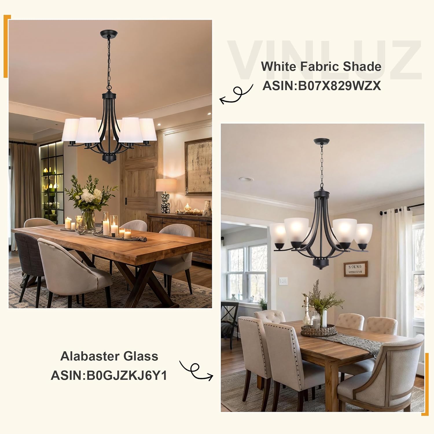 VINLUZ Farmhouse Chandeliers 6 Light Black Contemporary Pendant Lighting Rustic Dining Room Lighting Fixtures Hanging with White Fabric Shade, Flush Mount Ceiling Light for Bedroom Foyer