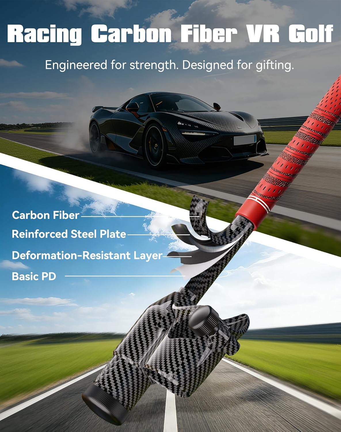 VR Golf Club Attachment Compatible with Meta/Oculus Quest 3/3S, Premium Carbon Fiber Grip, 100% Tracking and Golf Club Weighted Design, Golf Gifts for Men - Right Controller(Red)