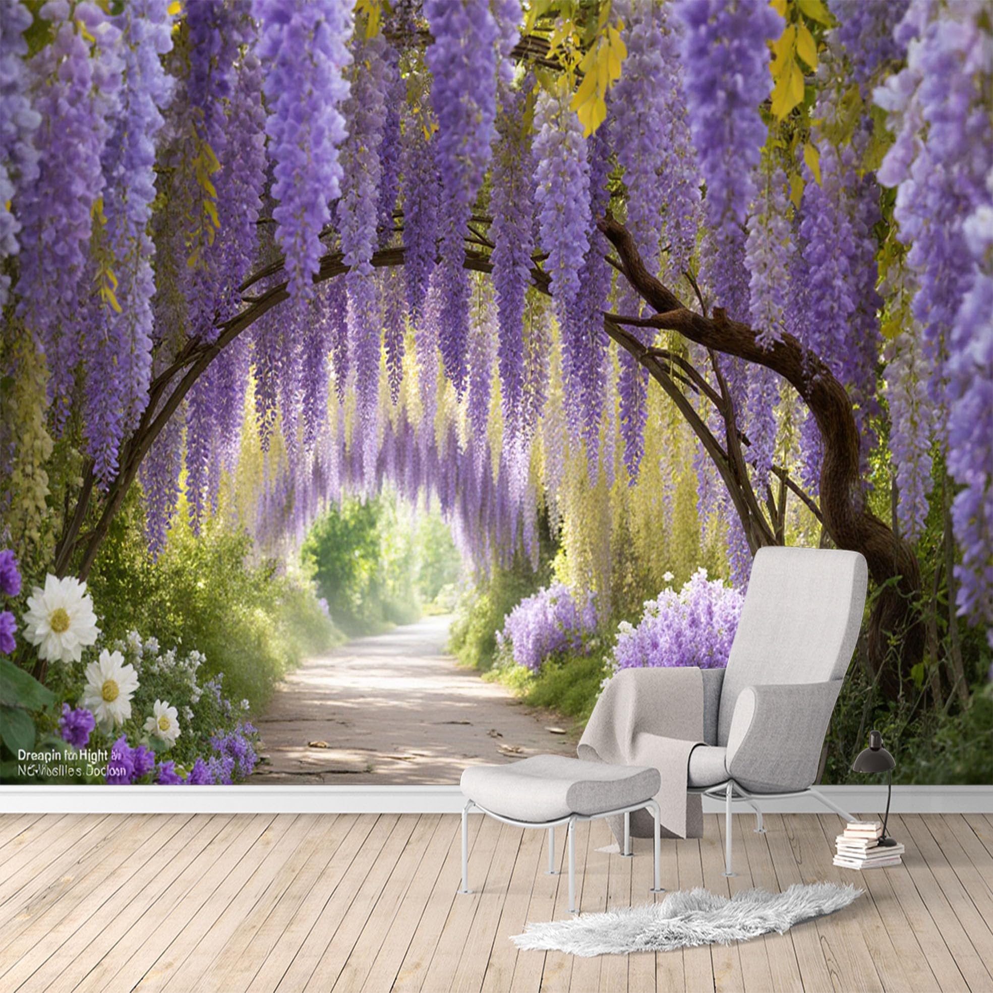 Custom Size Wall Murals, Purple Wisteria Tunnel Archway Floral Bloom Path, SelfAdhesive Water Activated Removable Wall Covering, Large Photo Wallpaper for Living Room Bedroom Office