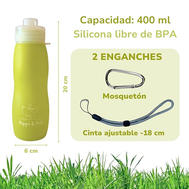 Foto 2 de 4 de Peppo and Pets-Botella Pipi Perro silicona-400 ml-Válvula Anti Goteo-Chorro a presión (Color Lima)