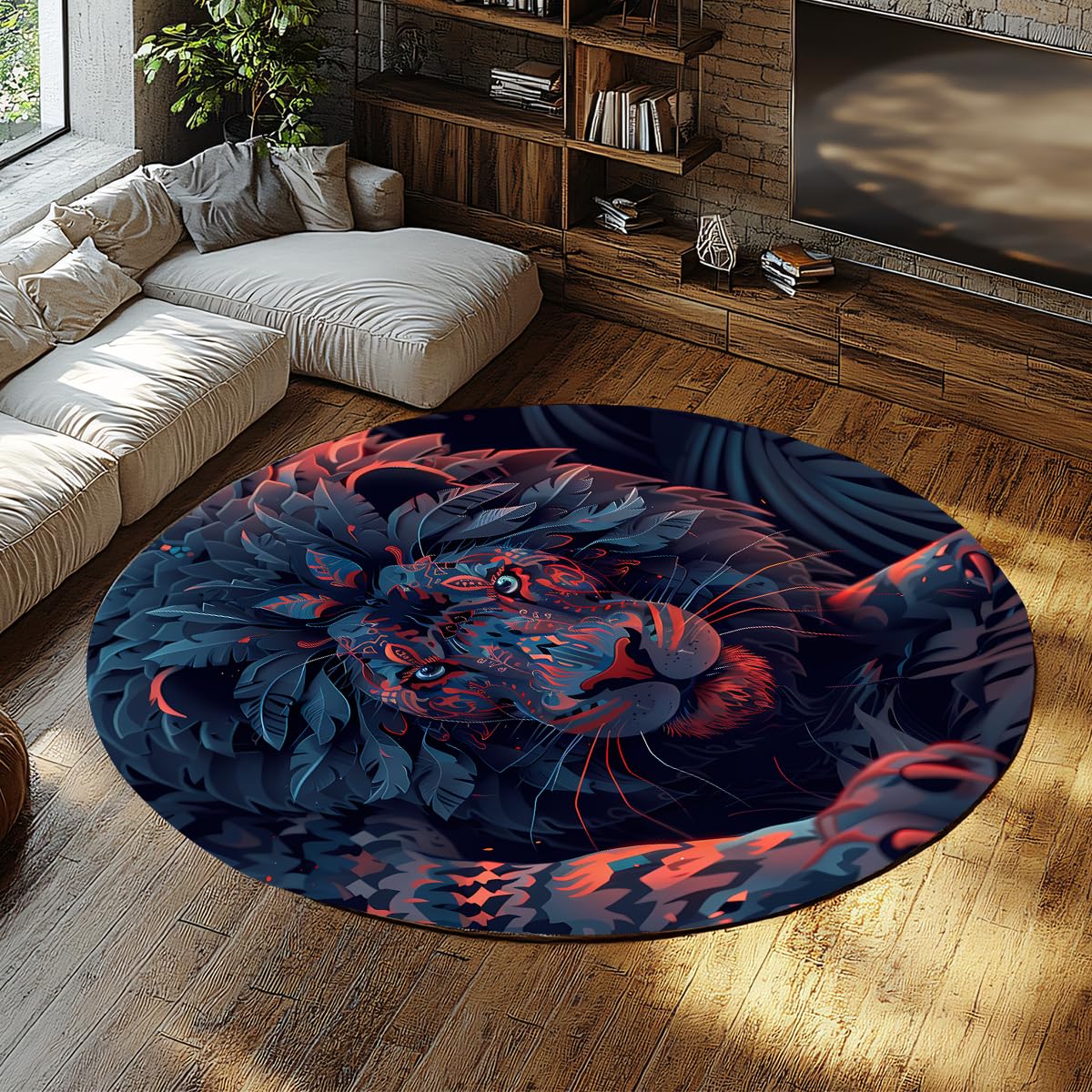 Tapis rond lion en feuilles de plantes - Idée cadeau pour enfant