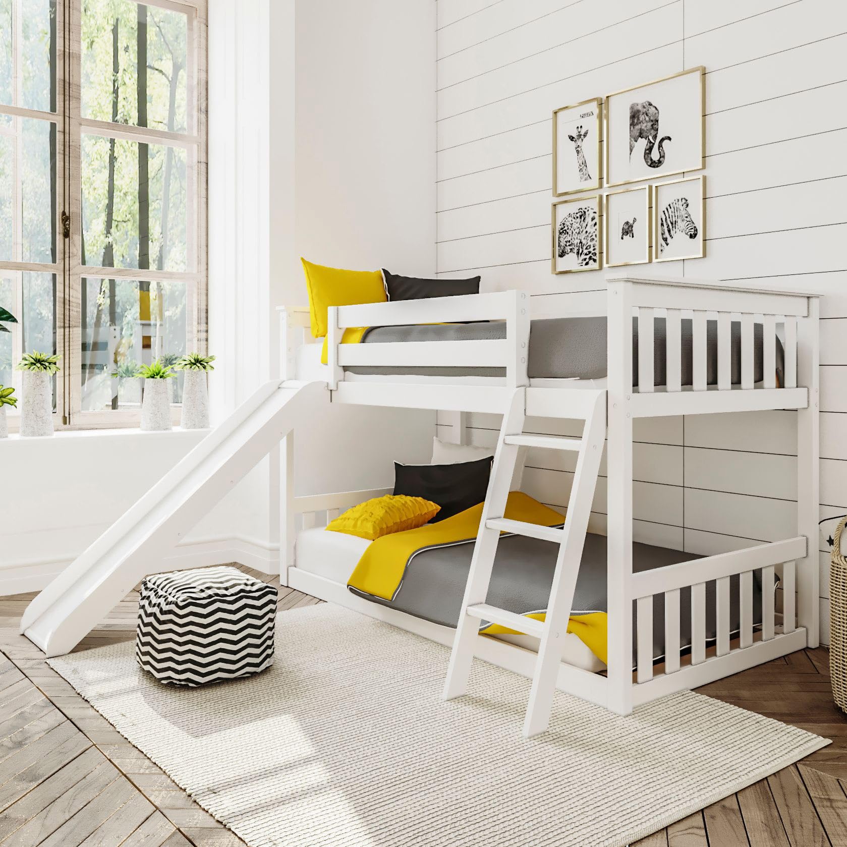 Max & Lily Twin Over Twin Low Bunk with Slide and Ladder, Wooden Bunk beds with 14” Safety Guardrail for Kids, Toddlers, Boys, Girls, Teens, Bedroom Furniture, White, White, Low Bunk + Slide