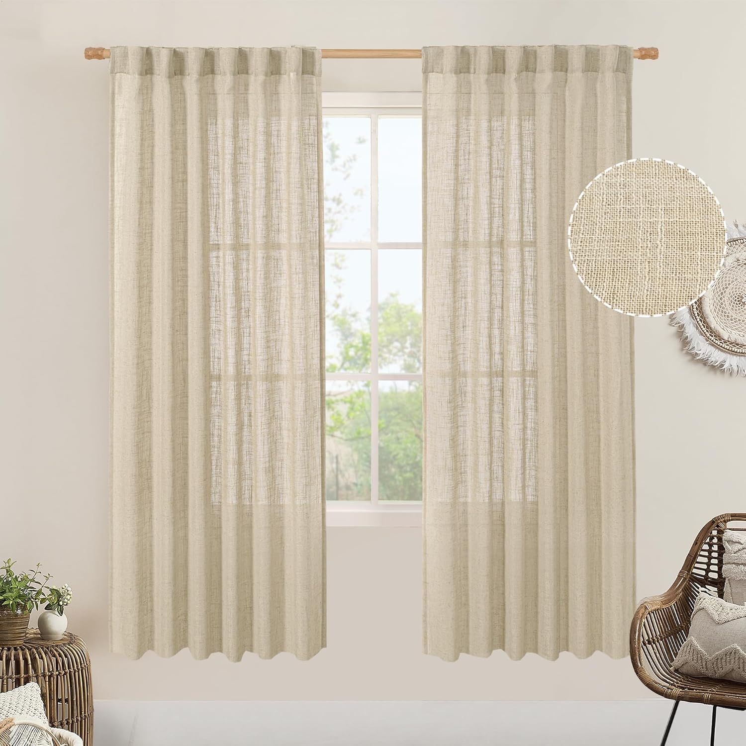 LAMIT Light Filtering Linen Curtains 78 inches Long for Bedroom, Faux Linen Textured Semi Sheer Back Tab and Rod Pocket Boho Modern Drapes for Living Room/Farmhouse, Linen, 2 Panels, 52 x 78 Inch