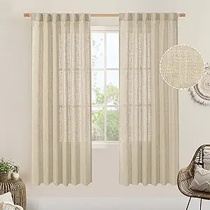 LAMIT Light Filtering Linen Curtains 78 inches Long for Bedroom, Faux Linen Textured Semi Sheer Back Tab and Rod Pocket Boho Modern Drapes for Living Room/Farmhouse, Linen, 2 Panels, 52 x 78 Inch