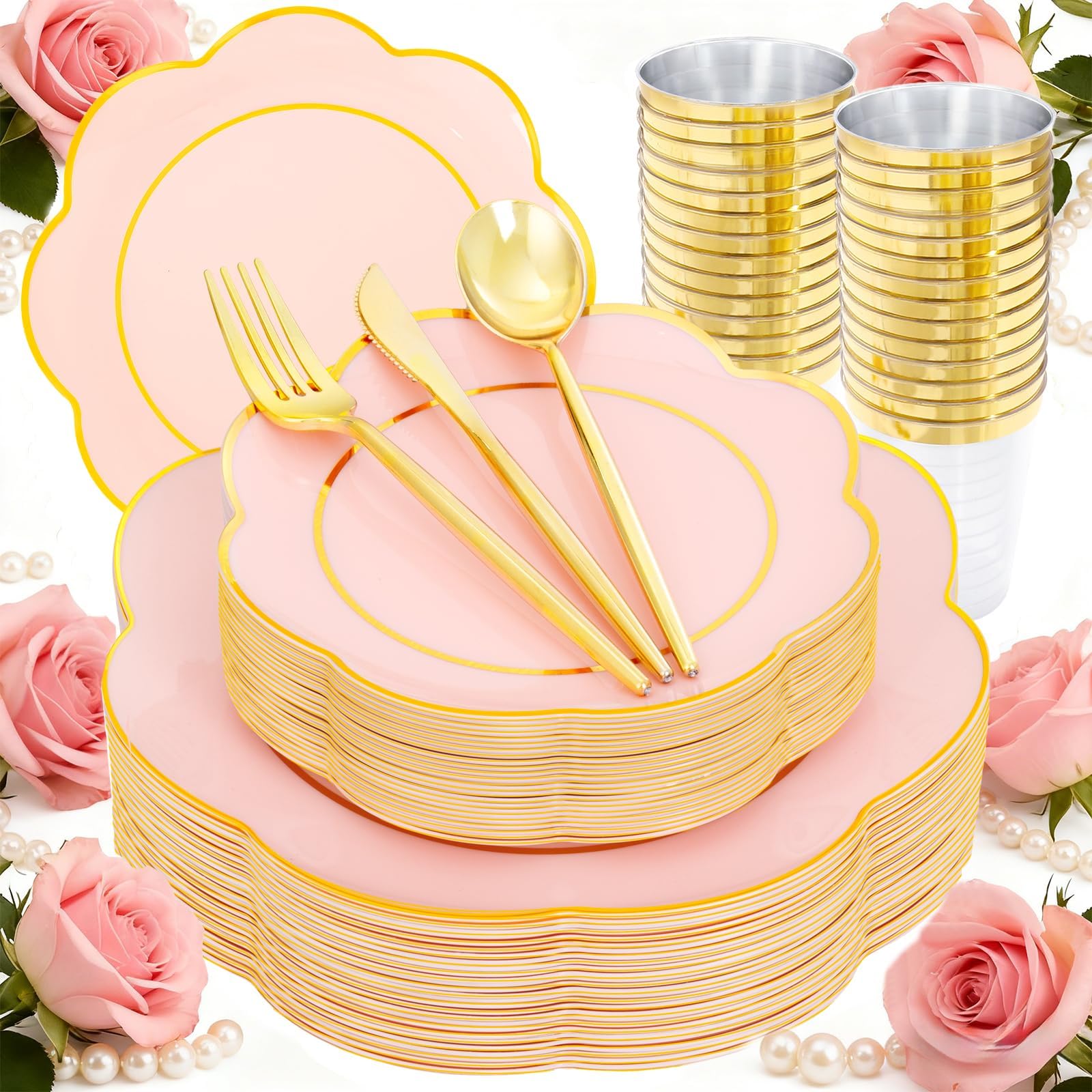EI 180pcs Pink Plastic Plates with Gold Plastic Silverware,Heavy-Duty Disposable Plates for Party,White Dinnerware Set for 30 Guest Wedding,Birthday,Valentine's Day