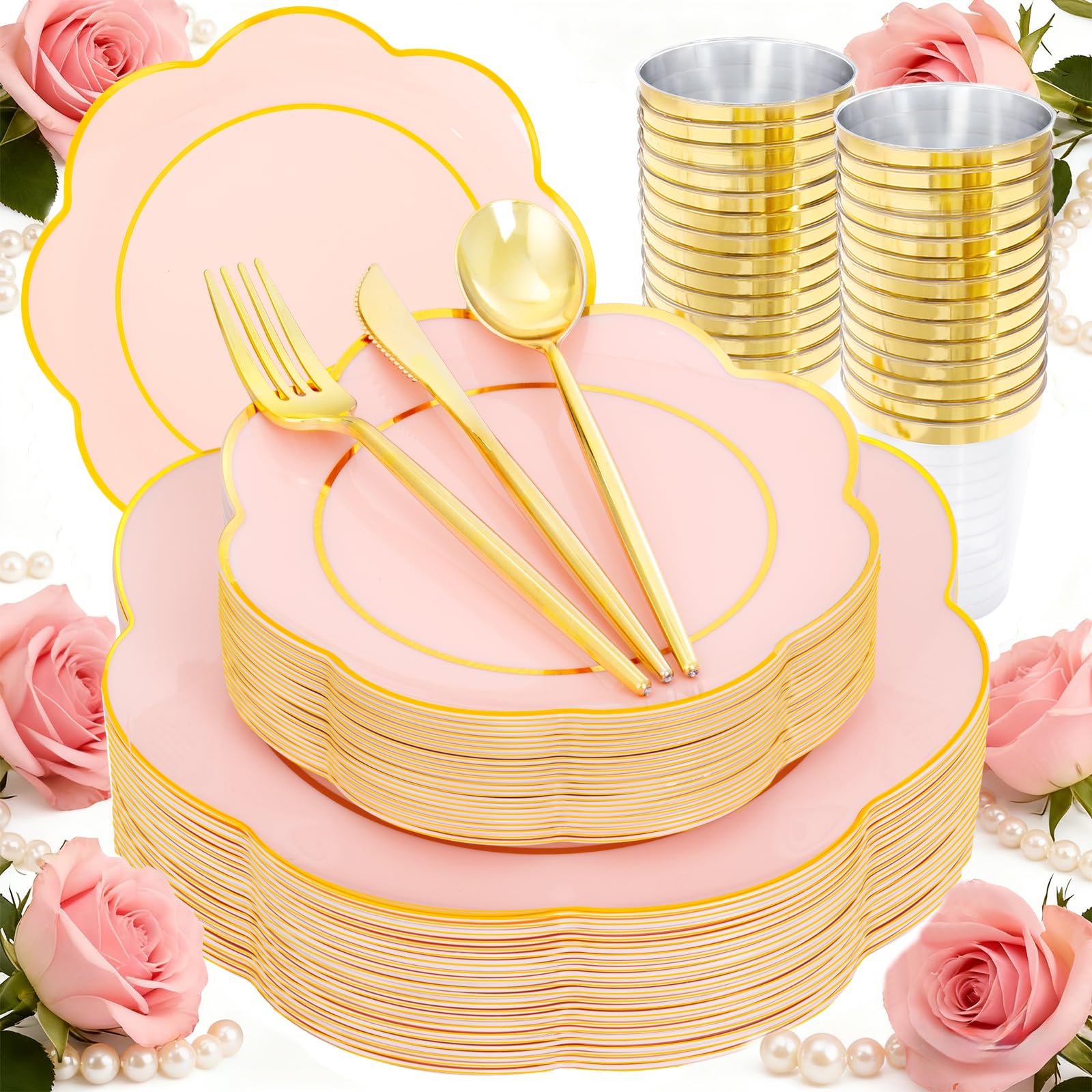 EI 180pcs Pink Plastic Plates with Gold Plastic Silverware,Heavy-Duty Disposable Plates for Party,White Dinnerware Set for 30 Guest Wedding,Birthday,Valentine's Day