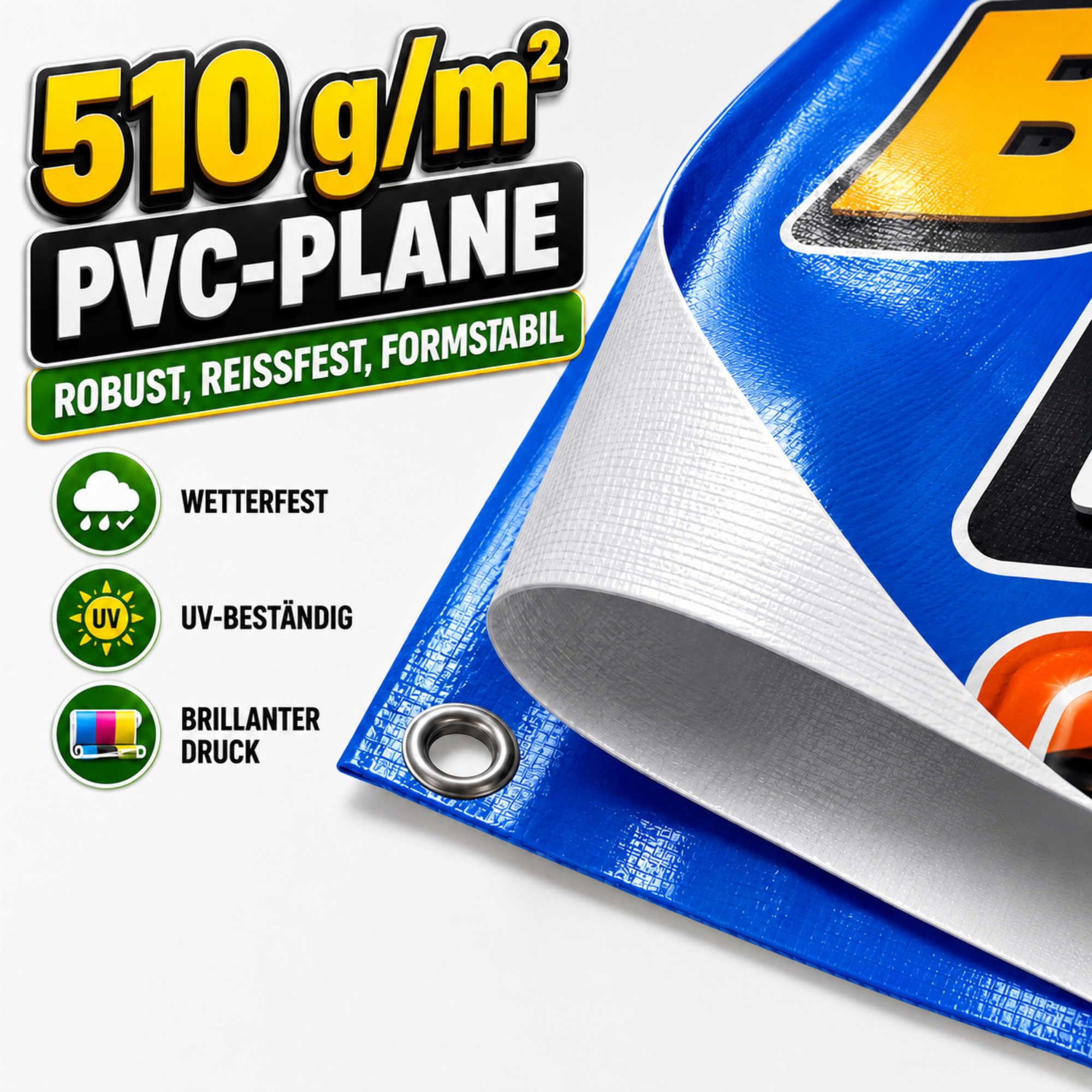 Banner selbst gestalten mit Foto, Wunschtext oder Bild - 100x100 cm - Plane personalisiert mit Saum & Ösen