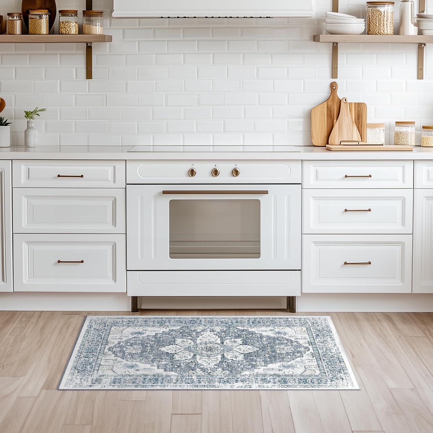 BESTSWEETIE 2x3 Area Rug Washable Rugs for Living Room, No Pile Boho Carpet for Entryway Bedroom Dinning Room, Vintage Carpet Print Distressed Non-Slip, 2 x 3 ft, Blue Grey White