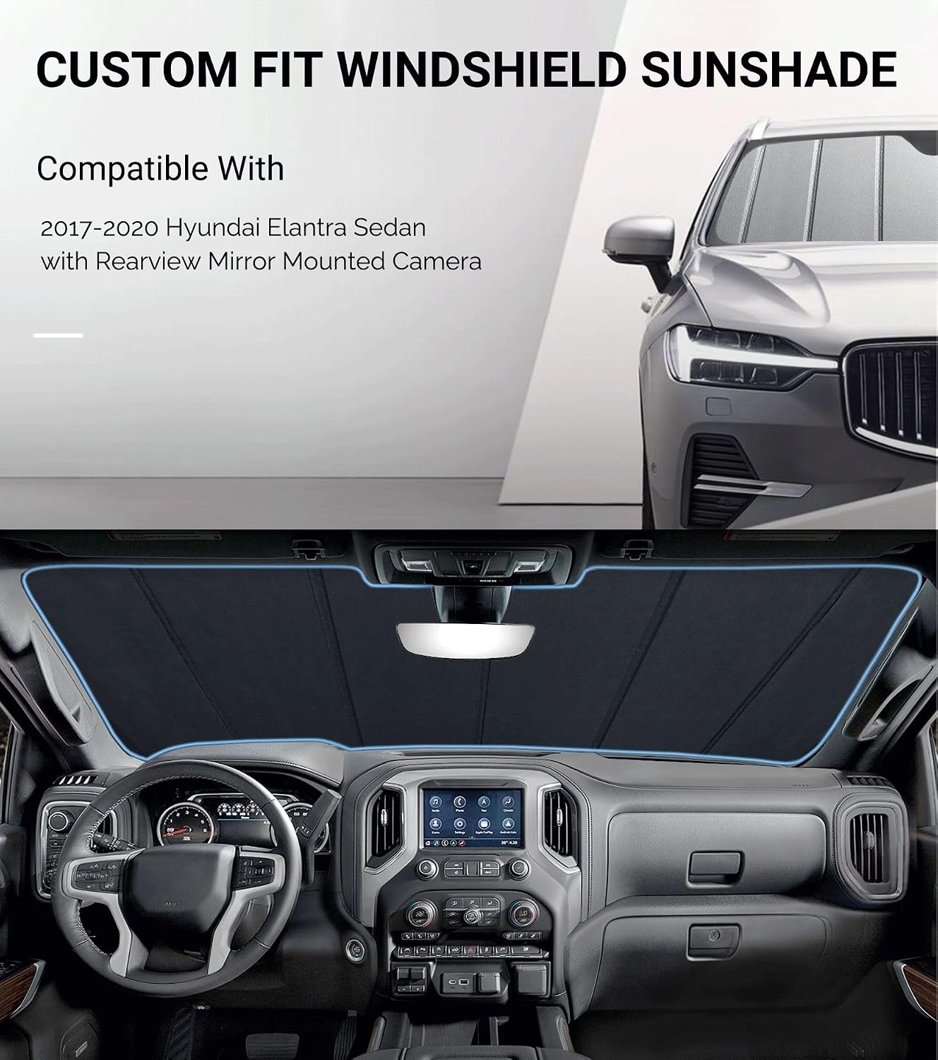 Pigenius Windshield Sunshade for Hyundai Elantra Sedan 2017-2020 (with Camera), Premium Grey Leather Finish