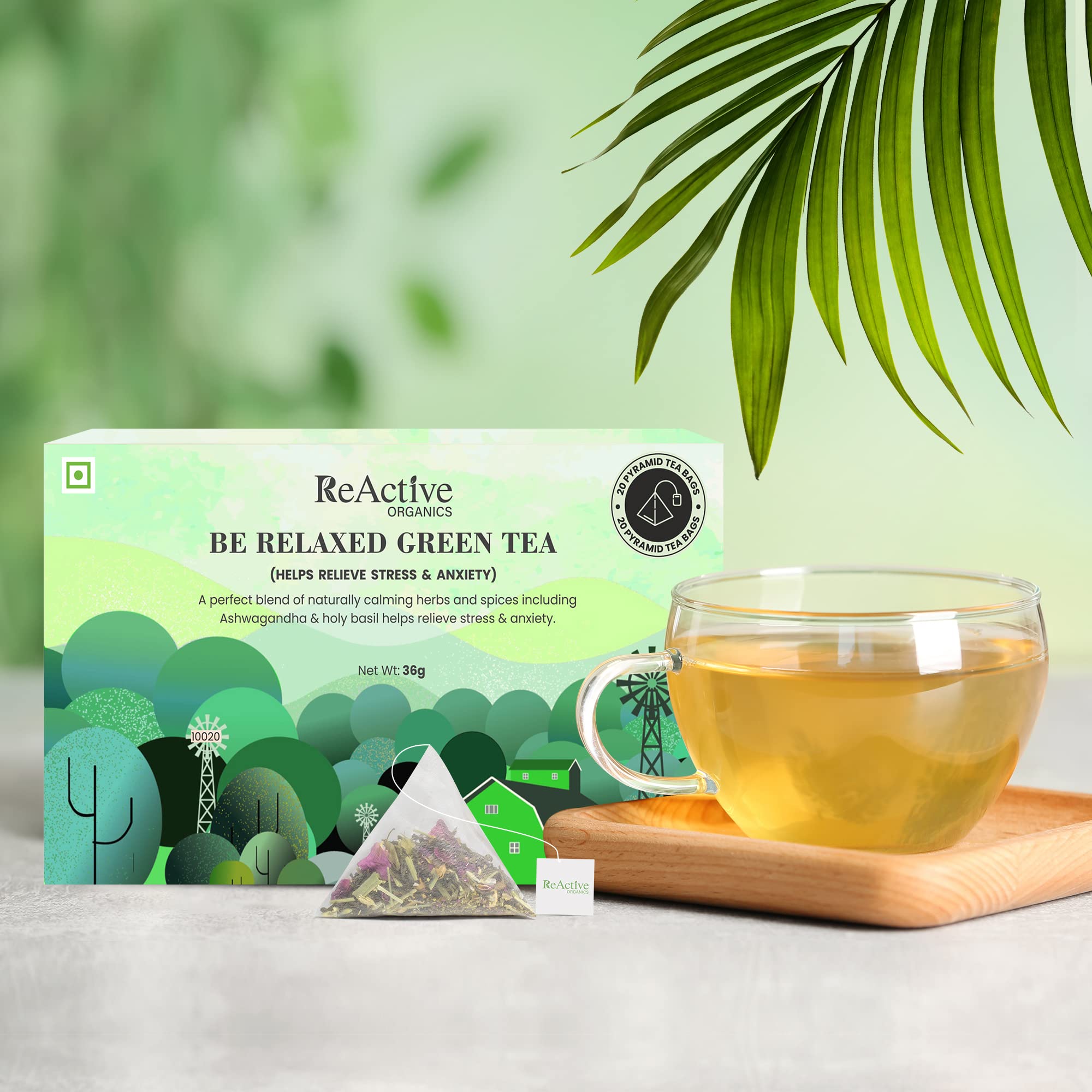 ReActive Organics - Be Relaxed Green Tea | For Stress & Anxiety | Ashwagandha, Lavender, Turmeric, Holy Basil, Black Pepper, Lemongrass, Rose Petals | 100% Natural Ingredients
