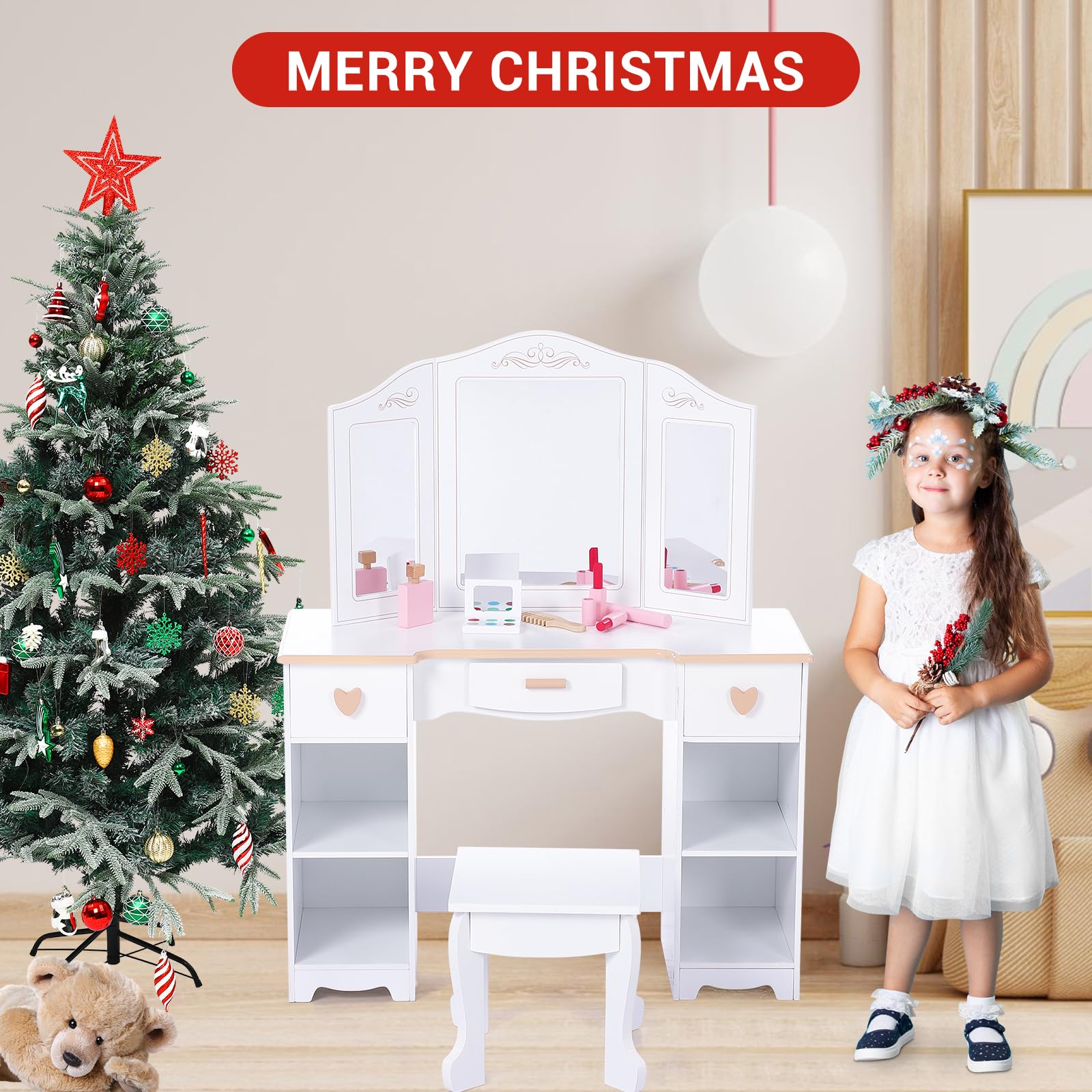 Kinder Schminktisch Mit Hocker Und Tri-Fold Spiegel – Frisiertisch Aus Holz Mit 3 Schubladen & Aufbewahrungsfächern – Sicheres, Ungiftiges Design – Inkl. Schminkset – Perfekt Für Kinderzimmer