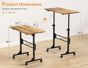 HOMIDEC Standing Desk, 32 Inch Portable Small Desk Adjustable Height, Rolling Home Office Desks with Wheels, Sit Stand Desk for Bedroom Walking Pad Home Office Small Space, Rustic