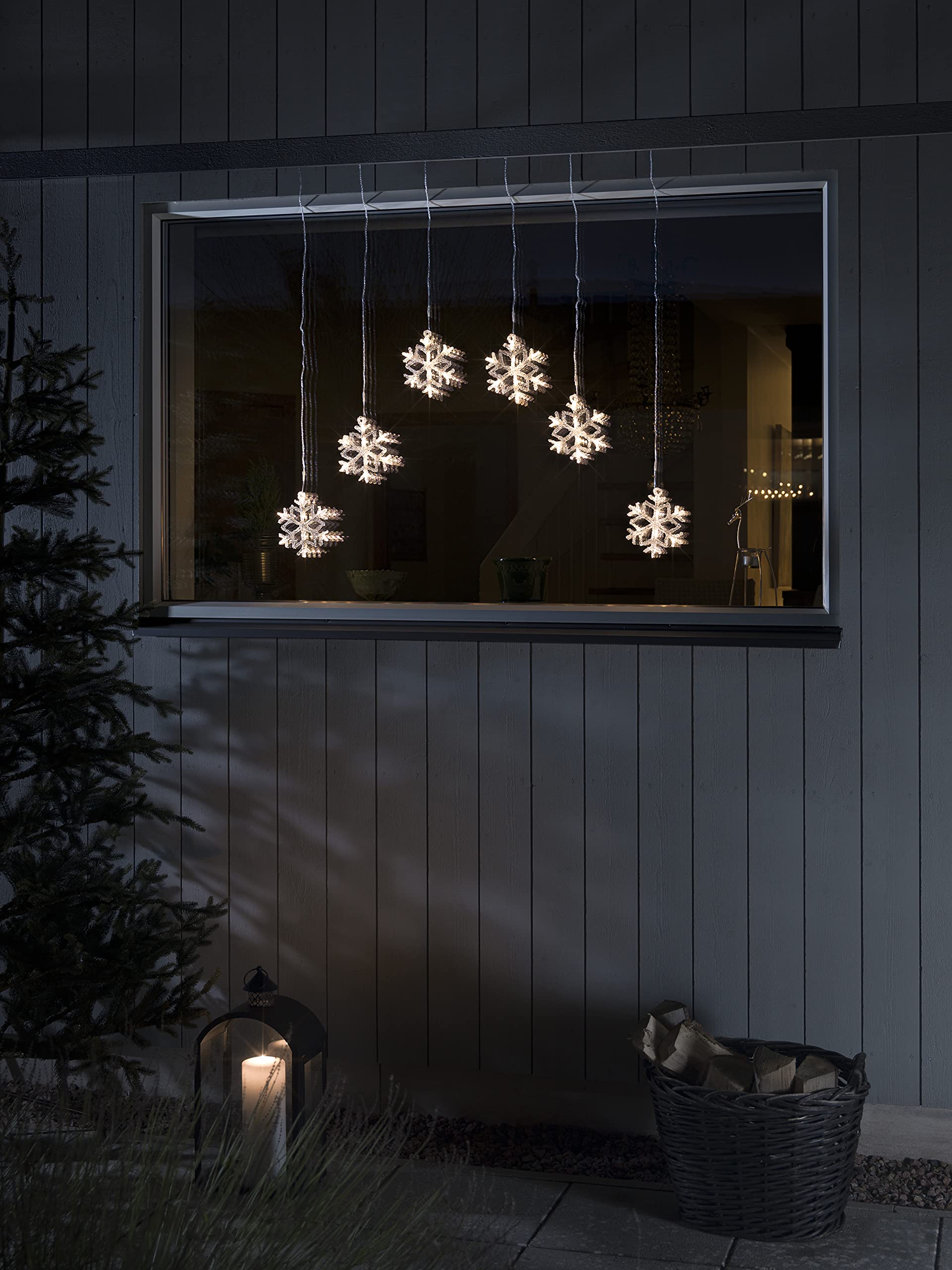 Konstsmide 4044-103EE - Tenda luminosa natalizia a LED con fiocco di neve, per esterni o interni, IP44, 48 diodi bianchi caldi/cavo trasparente