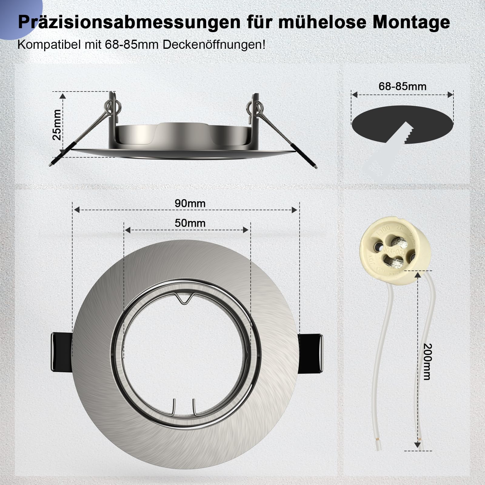 12x Einbaustrahler GU10 Einbauleuchten Schwenkbar Rund Einbaurahmen 68mm LED Spots 230V Edelstahl Gebürstet Einbauspots Rahmen inkl. GU10 Fassung für LED oder Halogen