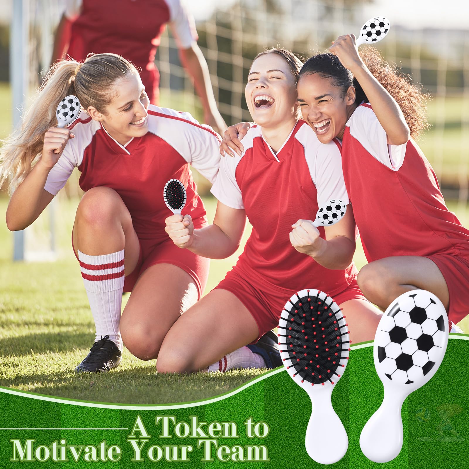 SiliFine 12 mini cepillos de pelo de viaje para deportes de fútbol, mini cepillo desenredante de fútbol, cepillo de pelo pequeño, cerdas de fútbol, cepillo desenredante de plástico para regalo de