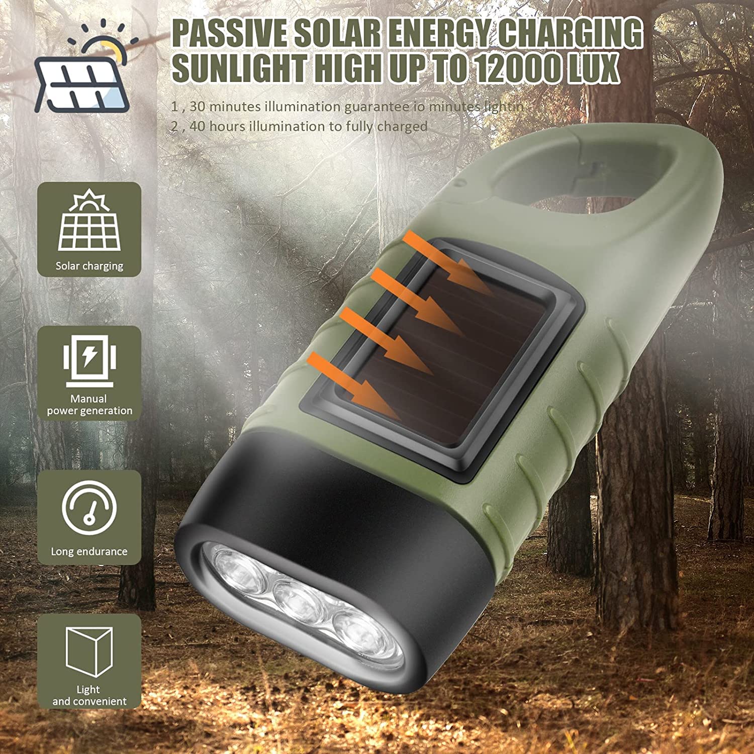 Lampe Dynamo à Manivelle Et Solaire - LED - Rechargeable - Vert Militaire - Pour Randonnée, Camping, Urgences - étanche