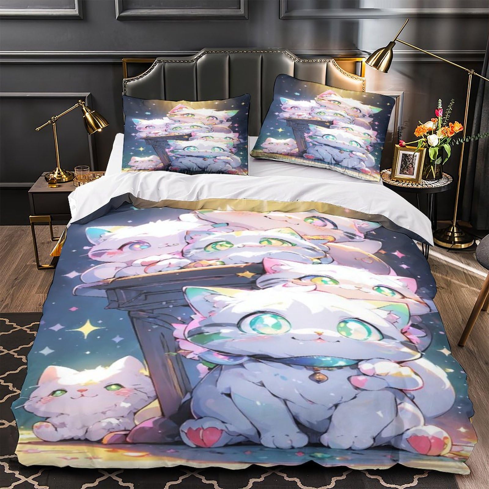 Parure de lit chat 3D housse de couette 200x200 avec 2 taies d'oreiller pour ado