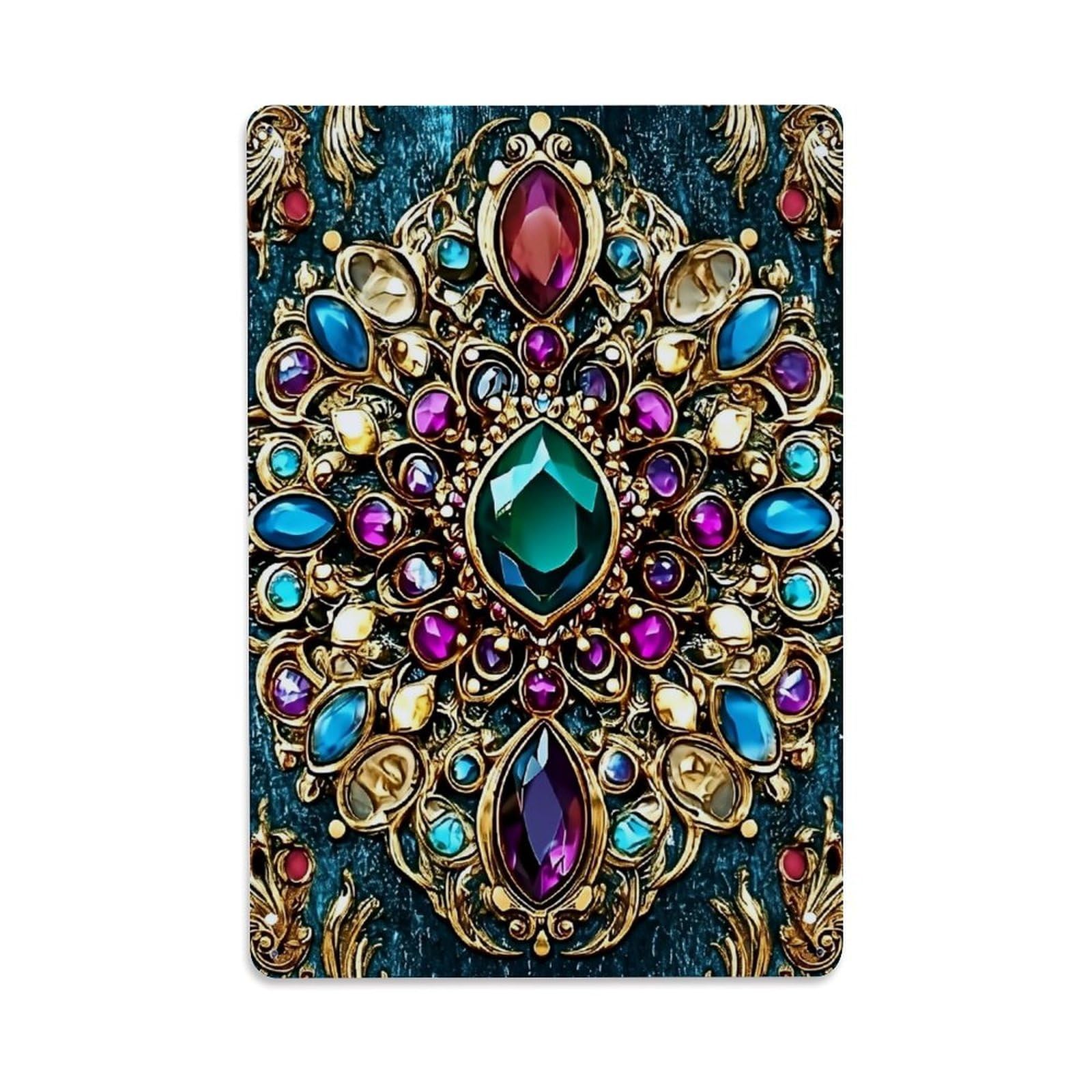 Ornate Jewel Embellished Pattern Design Retro Metal Tin Sign, Vintage Decor Art Poster for Bar, Home, Man Cave, Kitchen, Laundry Room Gift 8x12Inch