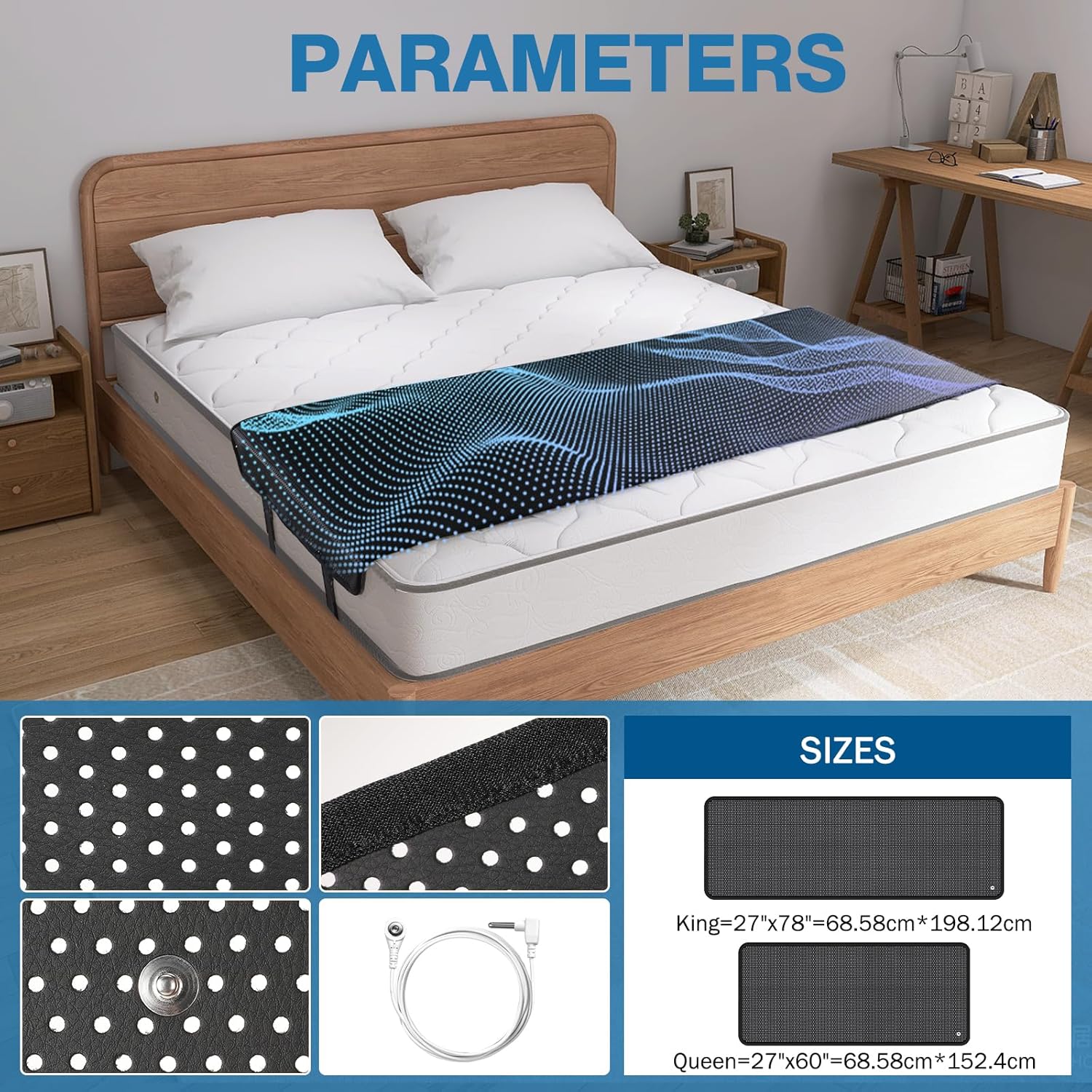 Grounding Mat for Bed Queen Size-PU Leather Earthing Pad for Better Sleep & Stress Relief, Anti-Slip Eco-Friendly with 16.4ft Cord + Free Test Pen (27x60 Inch)