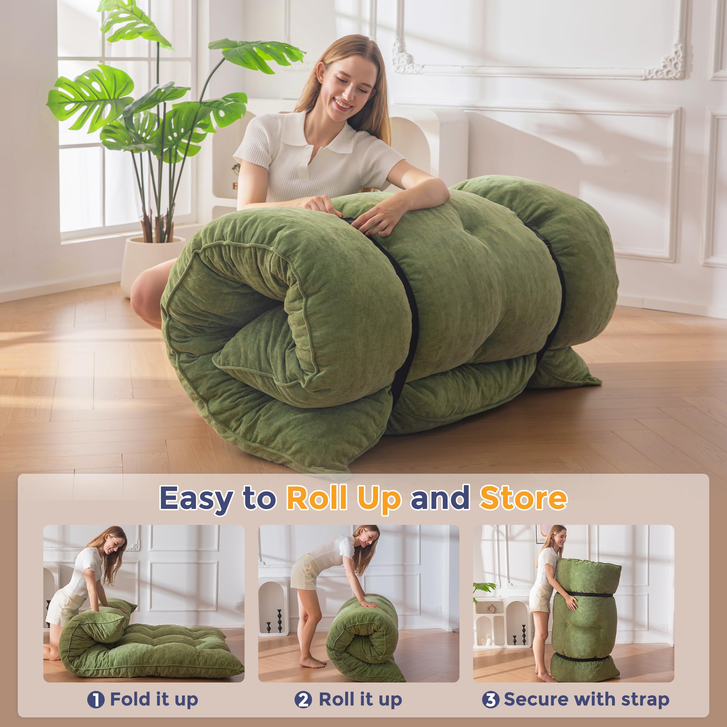 MAXYOYO Materasso Futon Tessuto-Chenille, 15cm Spessore, Rollisci Divano-Letto Pieghevole Riempito Spugna-Schiacciata, Craft-Bottoni, Pratico Tappetino-Pavimento Pieghevole (Escluso Struttura-Letto)