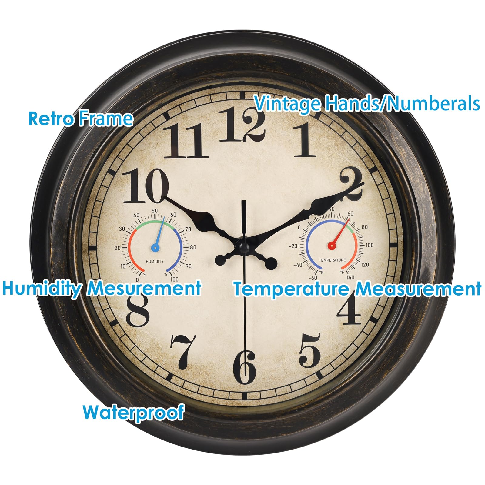 Horloge d'extérieur de 30,5 cm avec thermomètre et hygromètre, horloges murales étanches pour intérieur et extérieur pour terrasse, piscine, décoration de jardin - Bronze rétro