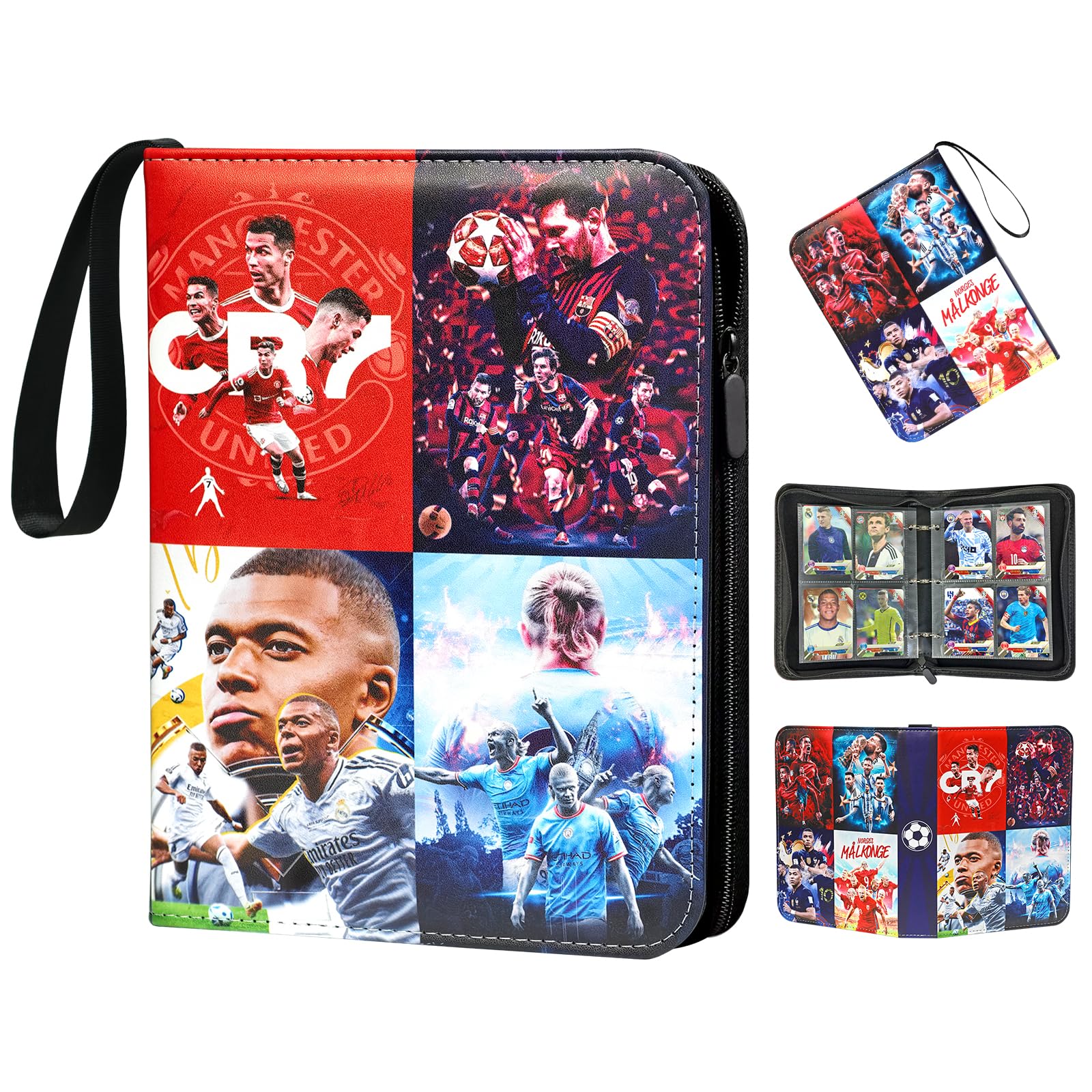 Oirigaga Fussball Sammelkarten Album mit 4 Taschen 50 Seiten und Reißverschluss Tragegriff für 400 Karten, Fußball Karten Sammelalbum Sammelmappe Sammelheft, Karten Heft Ordner, Wasserdicht PU-Leder
