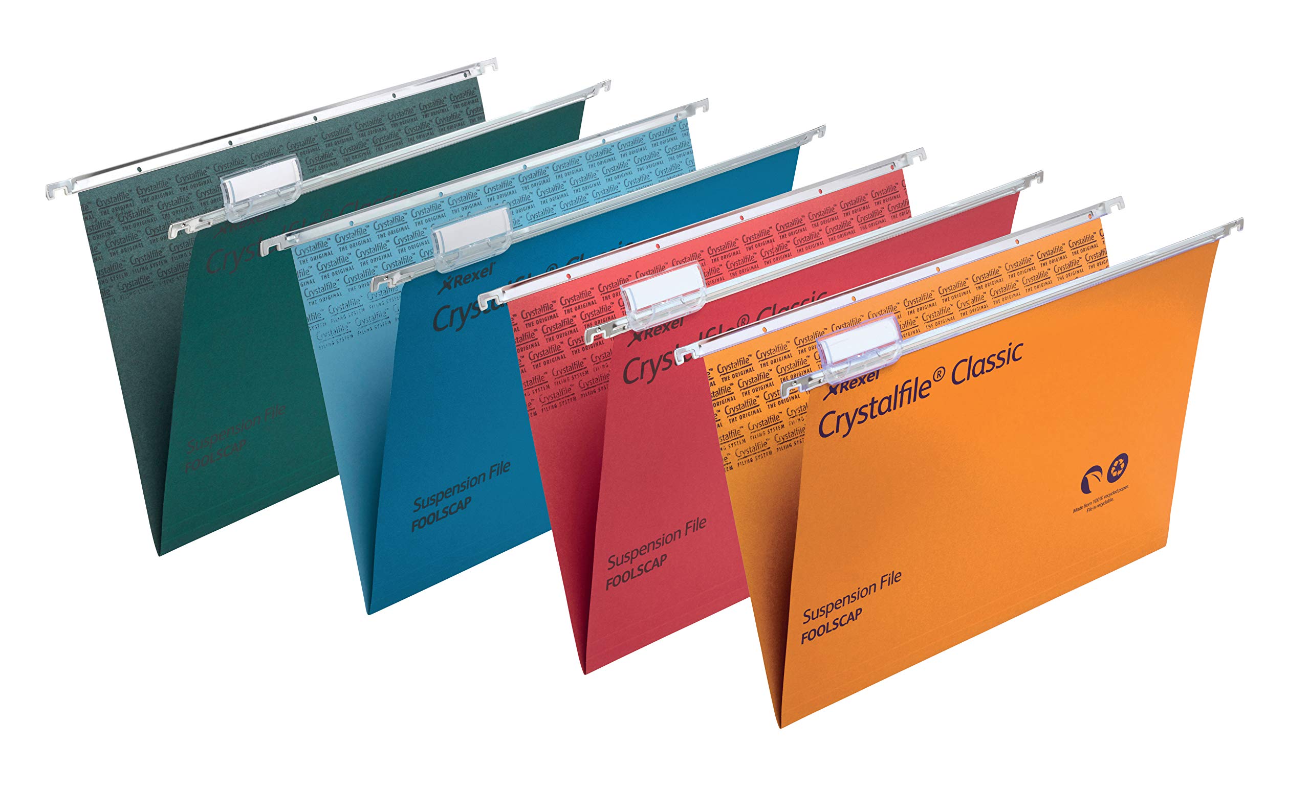 Rexel Foolscap 78016 - Limette sospese con linguette e inserti per schedari, base a V 15 mm, 100% Manilla riciclata, verde, Crystalfile Classic, confezione da 50