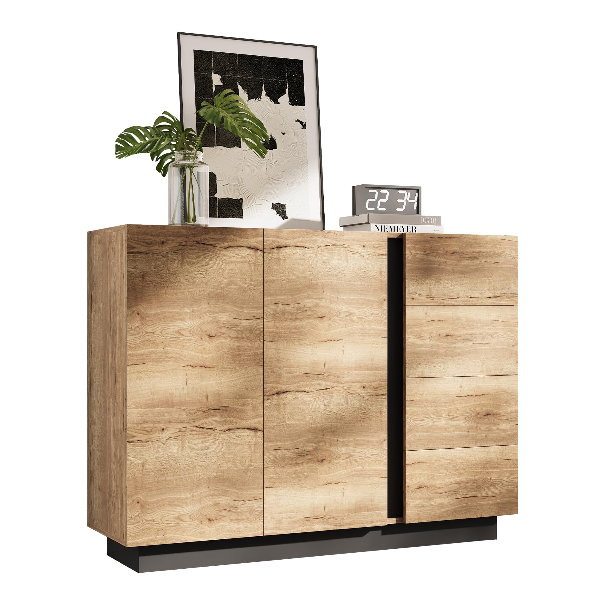 Merax Sideboard Kommode mit 4 Schubladen und Zwei Türen, Schrank 110 cm, Griffloses Design, Buffetschrank mit Großzügiger Stauraum, aus Holz, für Wohnzimmer/Esszimmer, 110x35.5x90.5 cm, Natur&Schwarz