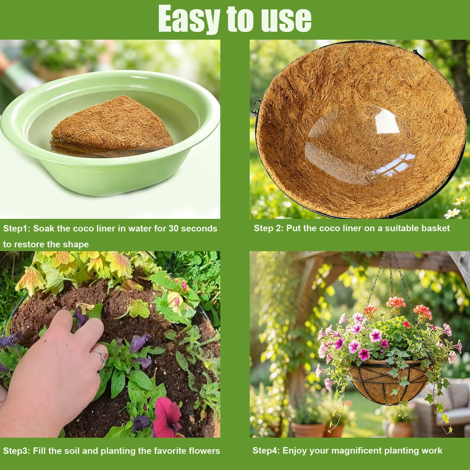 Doublures en fibre de noix de coco naturelle pour jardinières, doublures rondes de rechange pour panier de fleurs suspendu, grands pots de noix de coco pour plantation de jardin en plein air