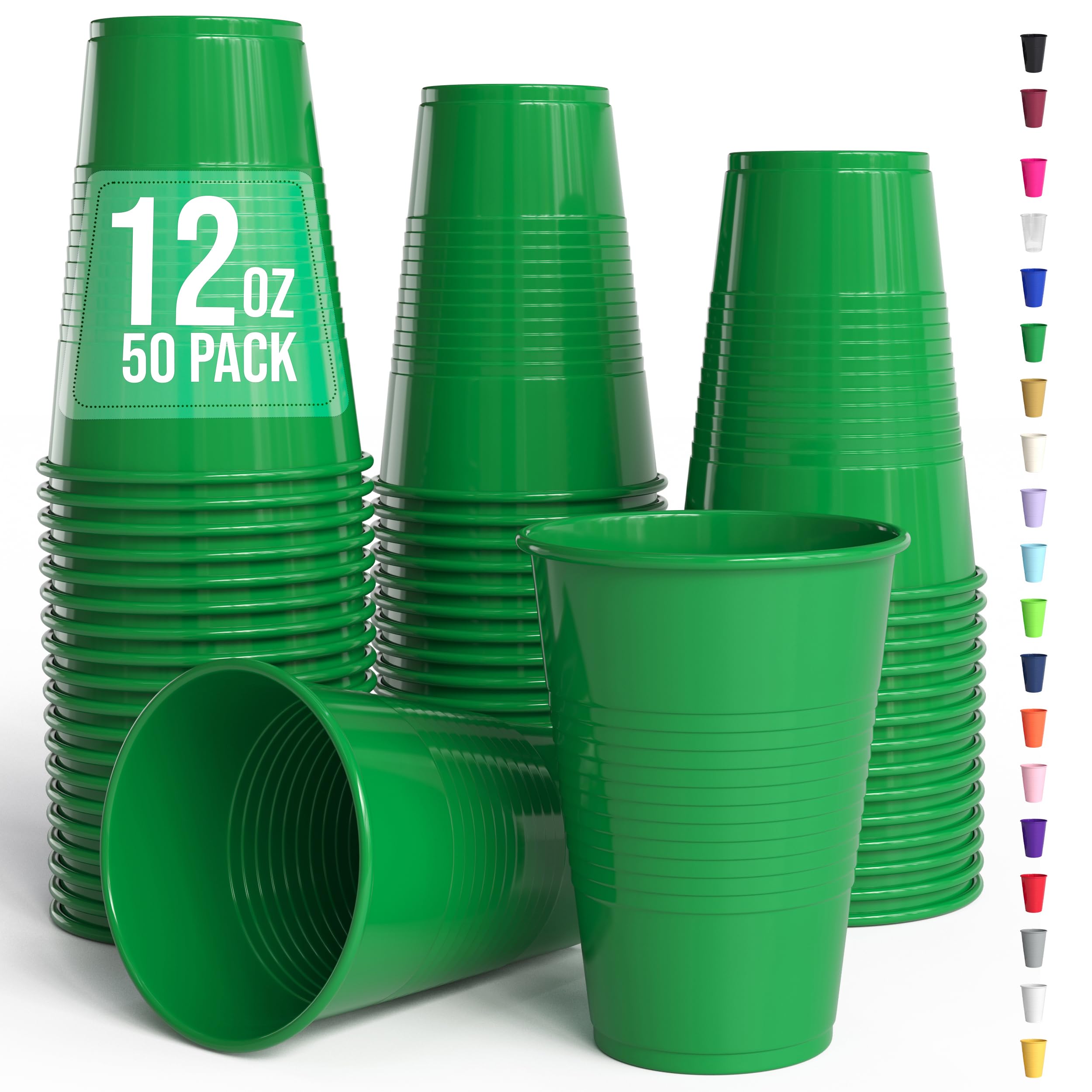Party Solids 12 Oz Green Plastic Cups For Party Supplies 50 Pack | Green Disposable Cups Plastic | Disposable Drinkware For Parties, Events & Everyday