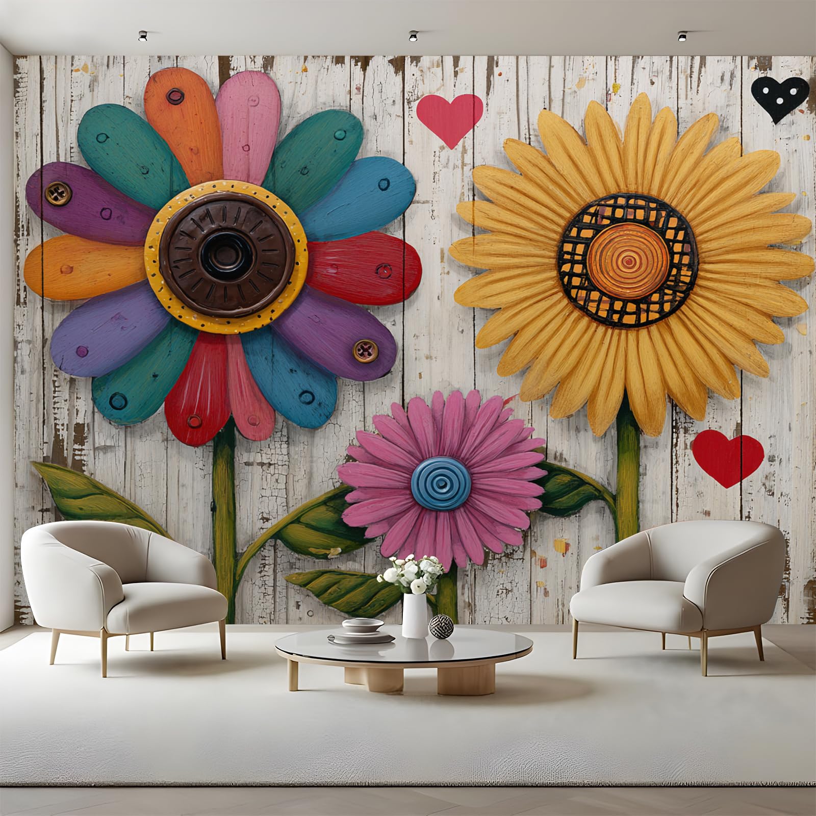 Papier peint impression de fleurs pour une chambre cosy effet bois rétro